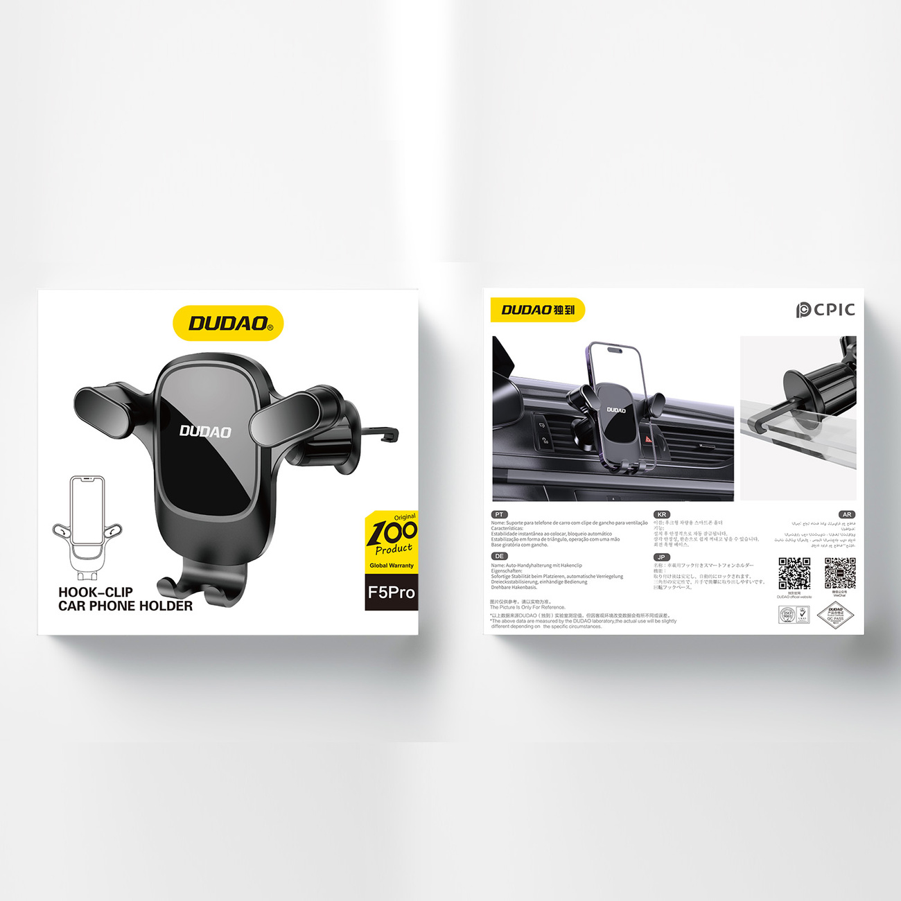 Czarny uchwyt samochodowy na telefon z logo DUDOA na białym tle. Obecny jest również tekst i szczegóły produktu.