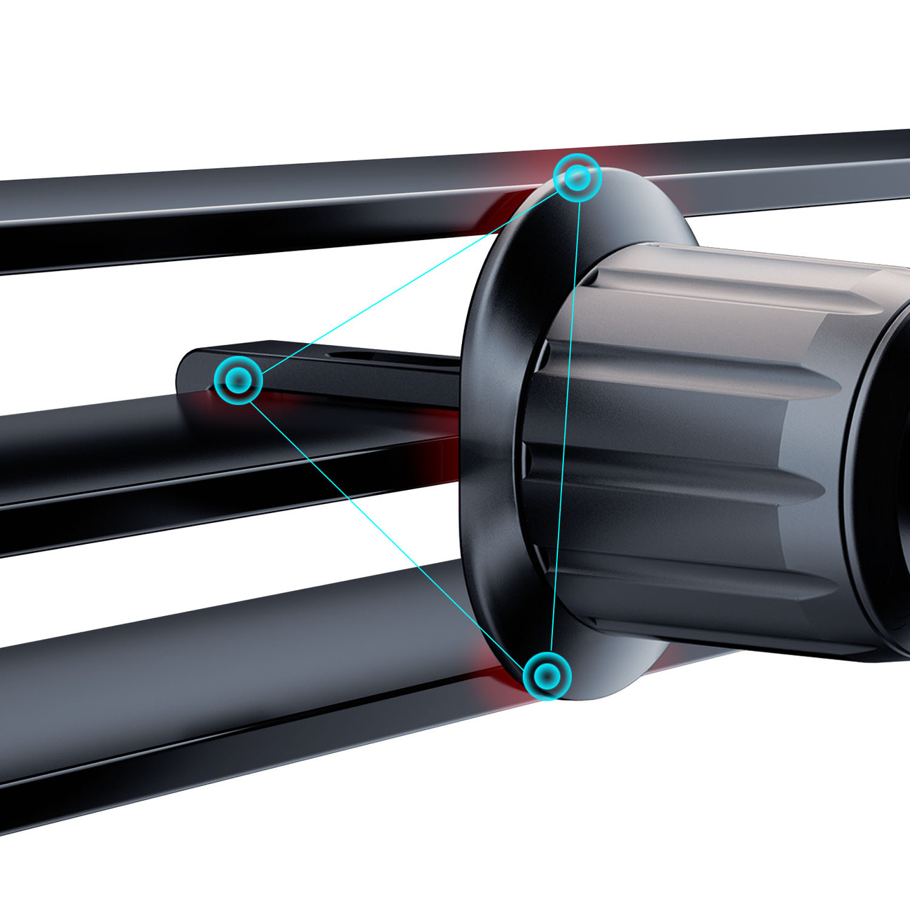 Zbliżenie czarnego uchwytu do kratki wentylacyjnej samochodu. Uchwyt ma okrągły kształt. Obraz jest zbliżeniem.