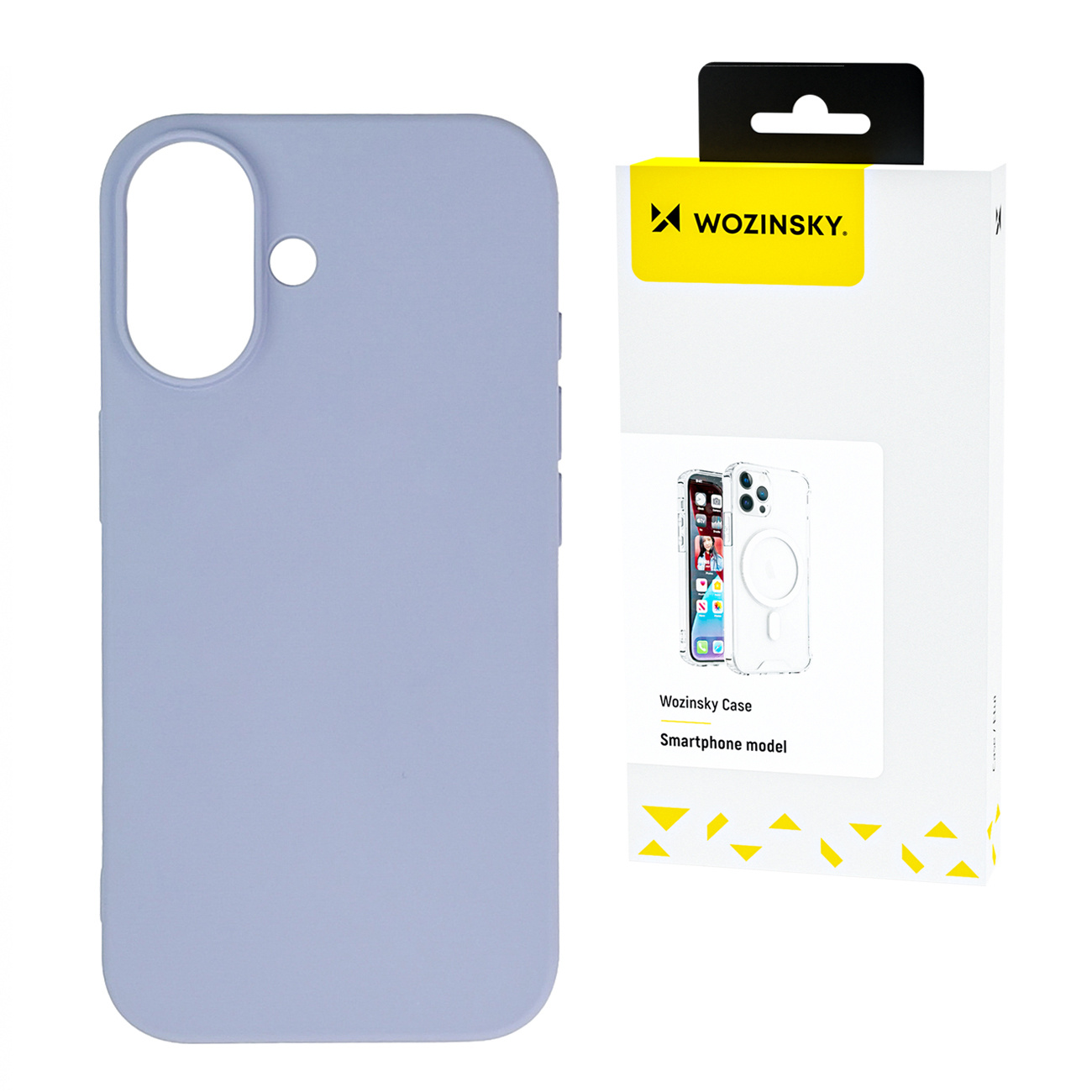 Jasnofioletowe etui na telefon obok białego pudełka z grafiką telefonu i logo Woziinsky.