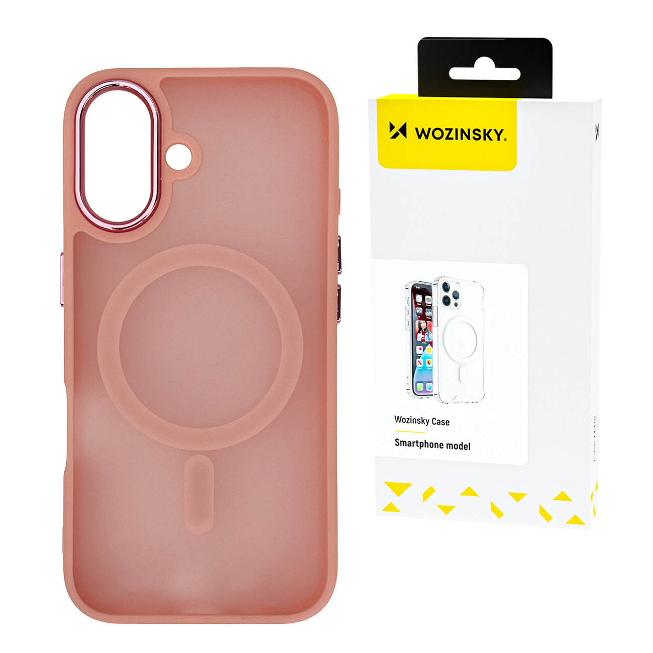 Etui na telefon i jego pudełko. Etui jest różowe z białym okręgiem. Pudełko pokazuje etui i telefon.
