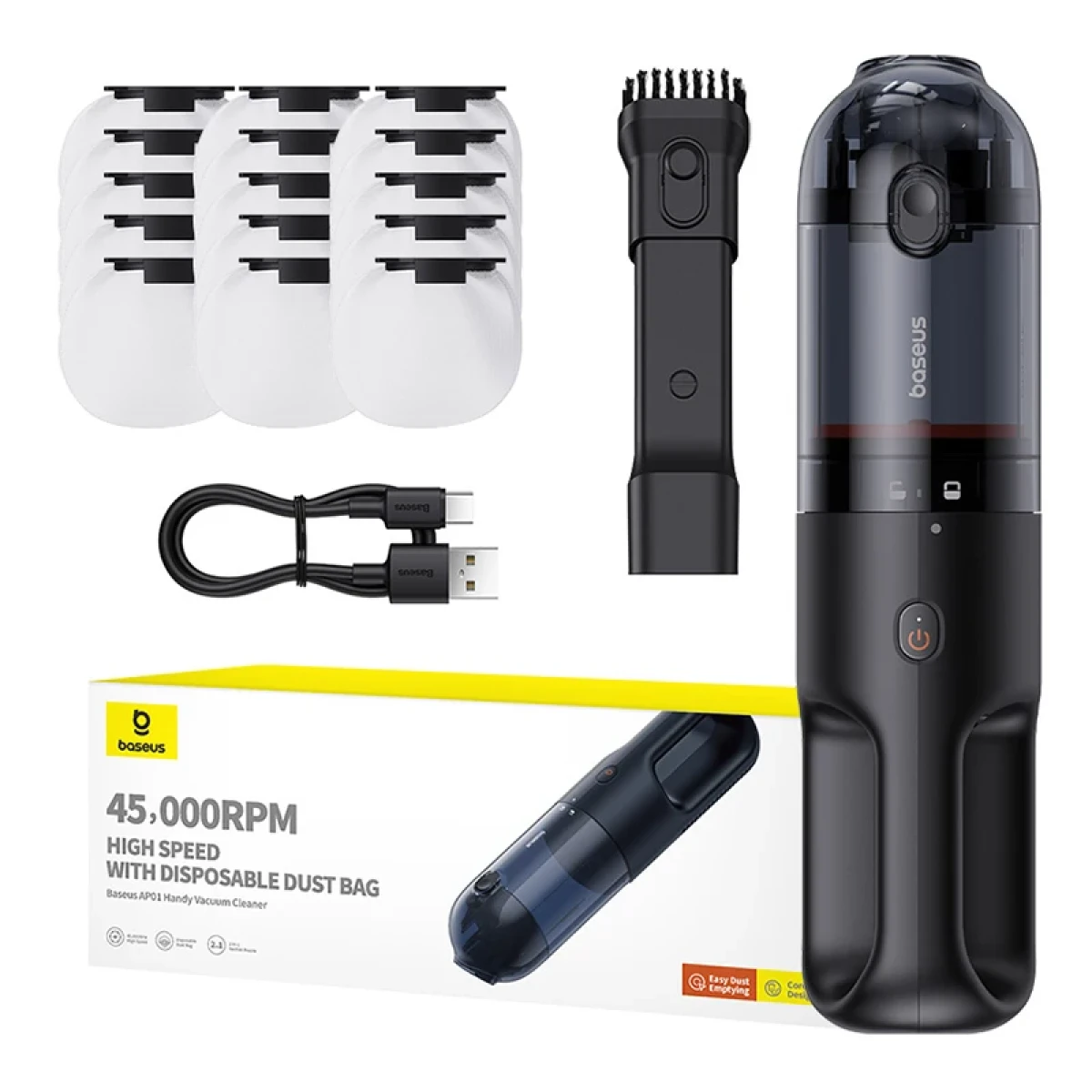 Staubsauger und Zubehör. Schwarzer Staubsauger, weiße Filter, USB-Kabel und eine Box mit Produktinformationen.
