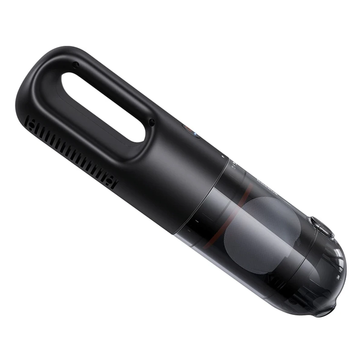 Schwarzer Staubsauger. Es ist ein Handgerät. Das Design beinhaltet einen transparenten Bereich, um den Staub zu sehen.