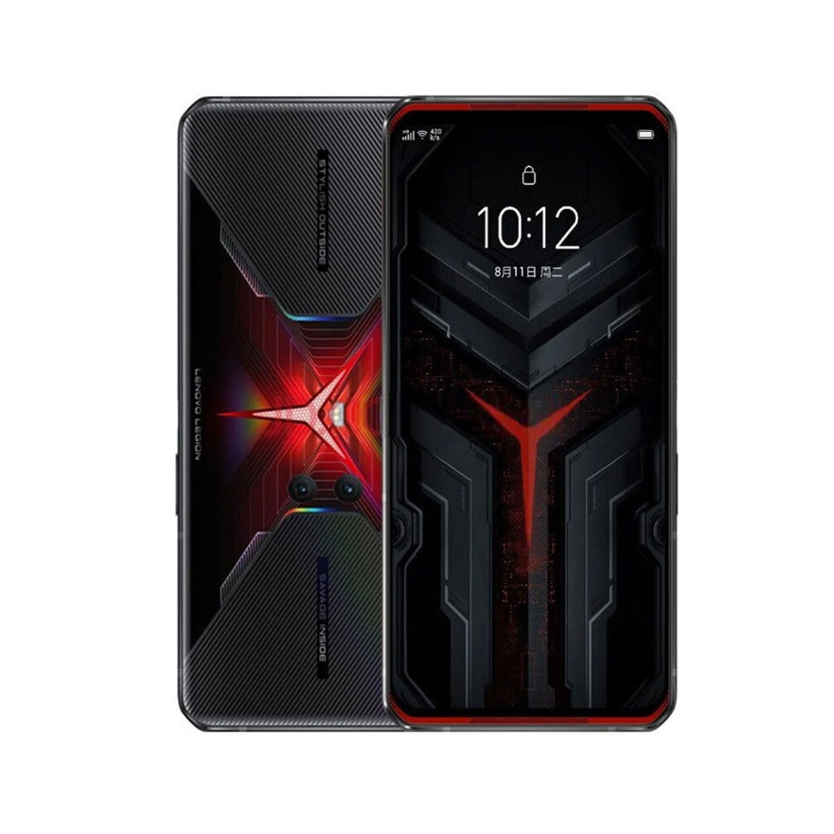 Schwarzes Telefon, Vorder- und Rückansicht. Der Bildschirm zeigt Uhrzeit und Datum mit rotem und schwarzem Design.