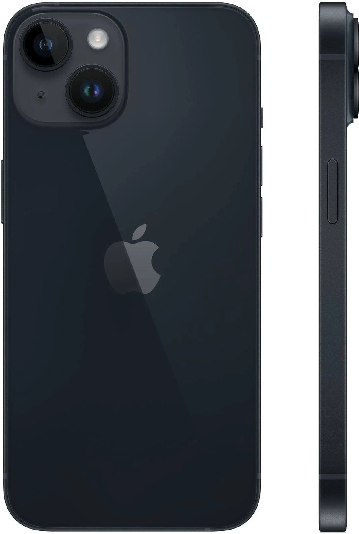 iPhone negro con dos cámaras. Logotipo de Apple en la parte trasera. La vista lateral muestra los botones de volumen.
