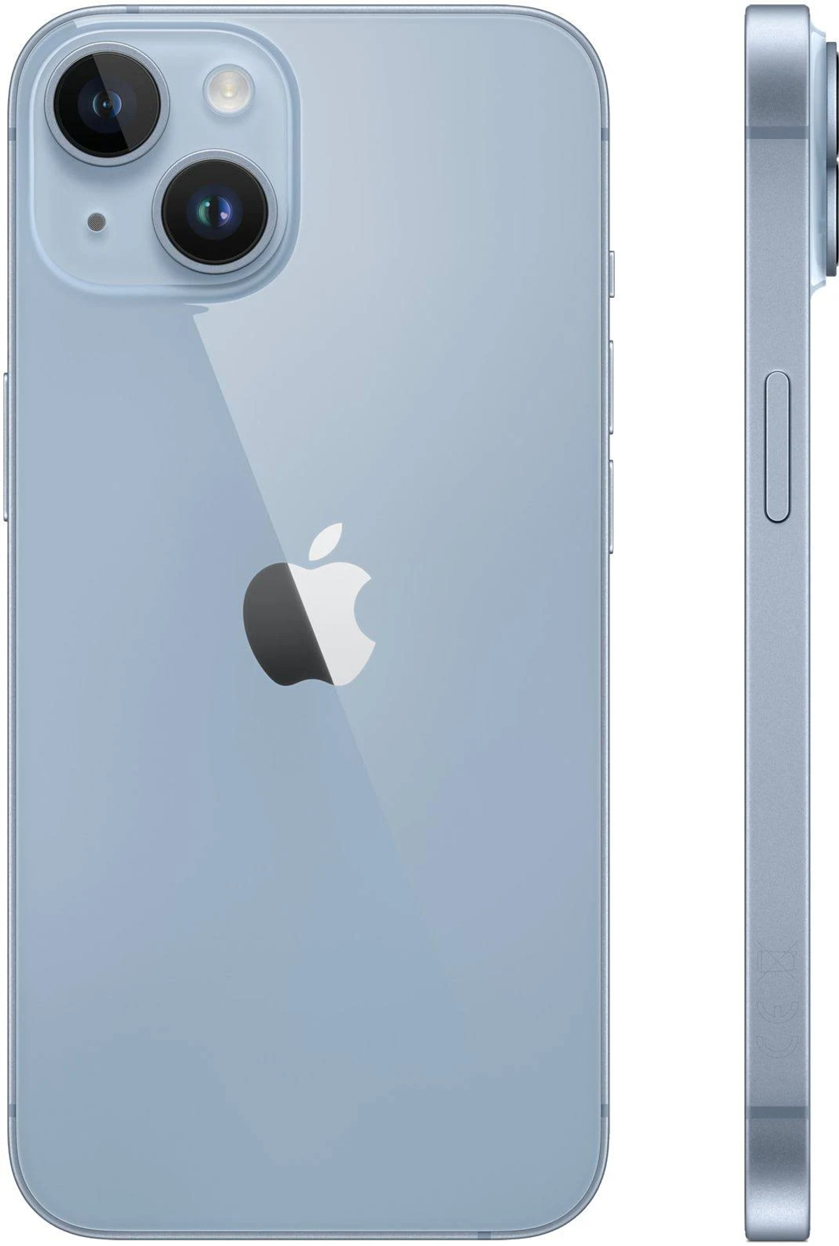 iPhone azul con dos cámaras. Logotipo de Apple en la parte trasera. La vista lateral muestra los botones de volumen.