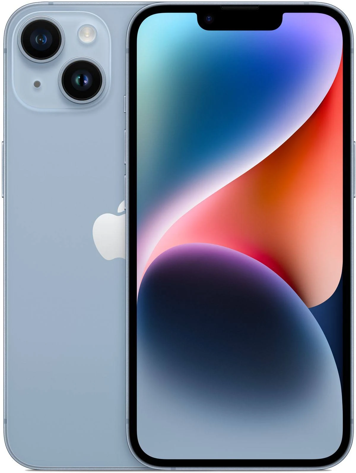 iPhone azul con dos cámaras. La pantalla muestra un fondo colorido. El logotipo de Apple es visible.