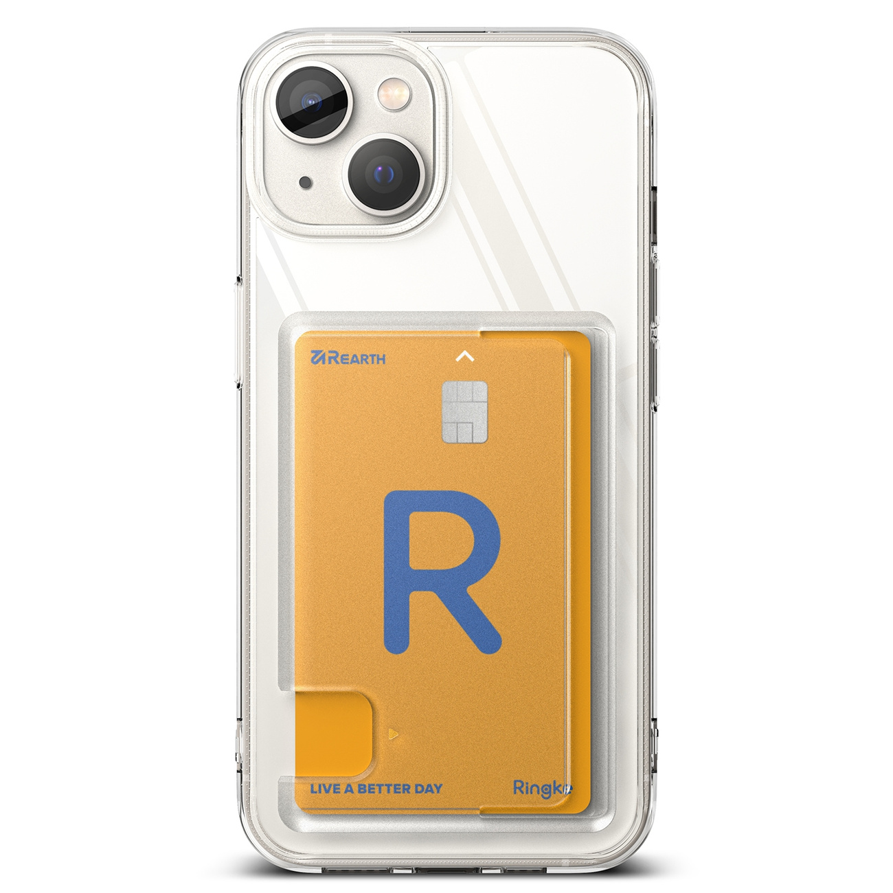Przezroczyste etui na telefon z kartą kredytową. Karta ma literę R i logo Ringke.