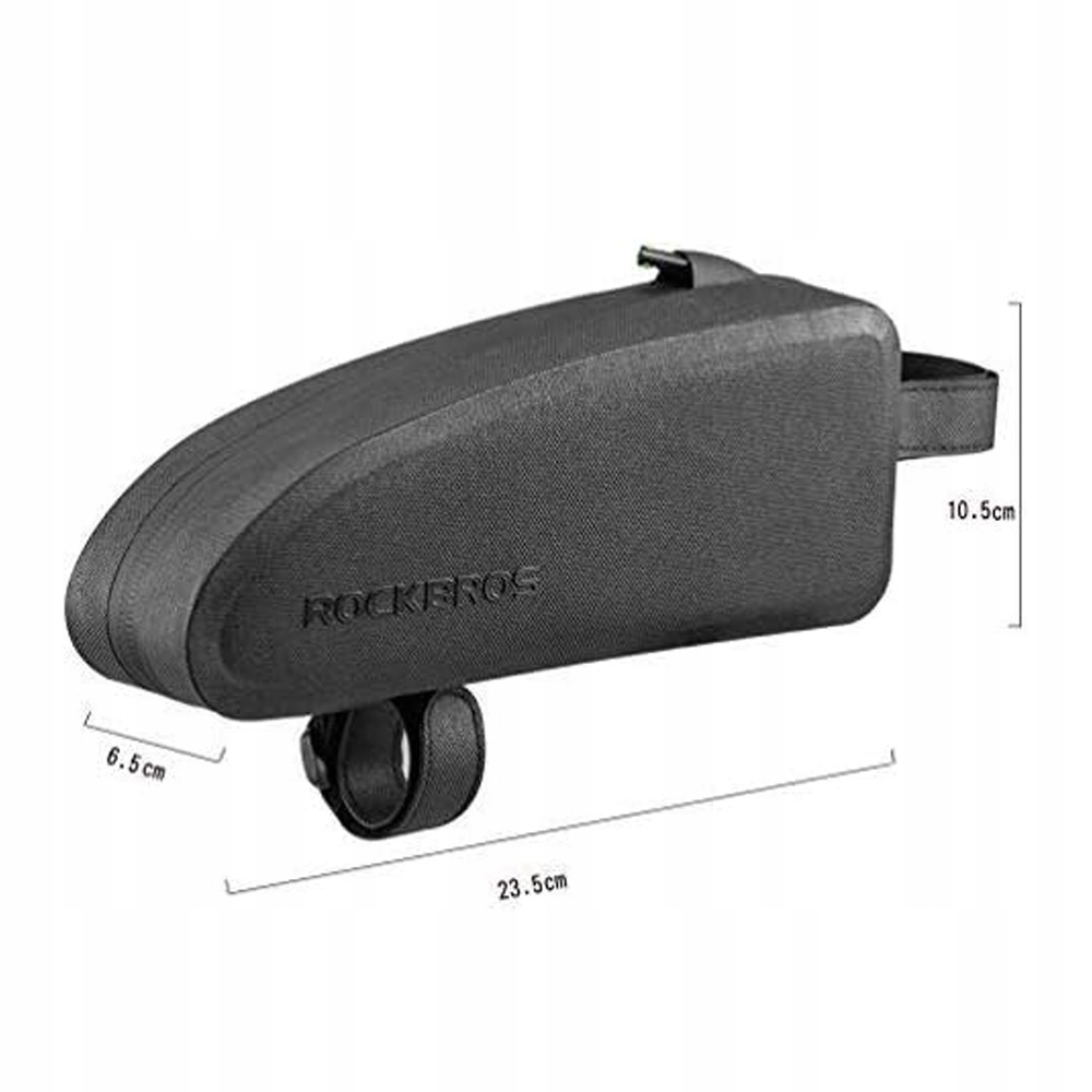 Czarna prostokątna torba z napisem ROCKBROS. Wymiary: 23,5 cm długości, 10,5 cm wysokości i 6,5 cm szerokości. Białe tło.