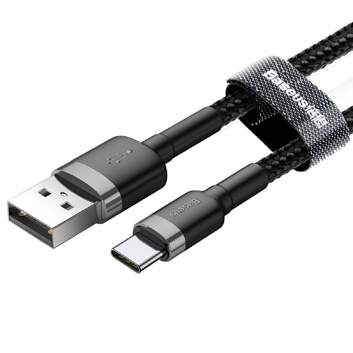 Czarny kabel USB do Type-C z logo Baseus. Pleciona tekstura, białe tło.