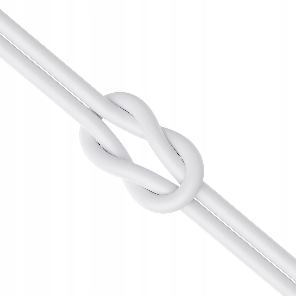 Biały kabel tworzy węzeł. Tło jest gładkie białe.