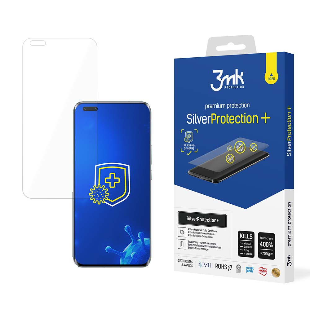 Proteggi schermo, telefono e scatola con illustrazione virus, su bianco.