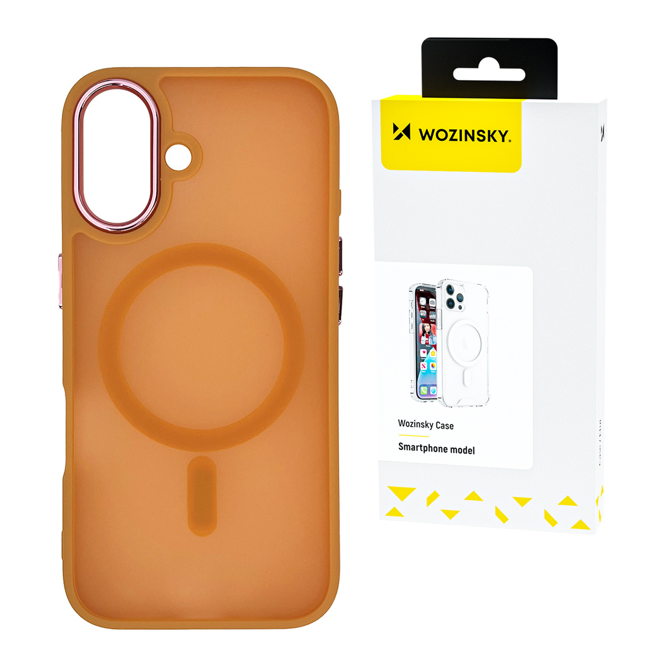Etui na telefon w kolorze pomarańczowym i białe pudełko. Etui ma pierścień wokół aparatu.