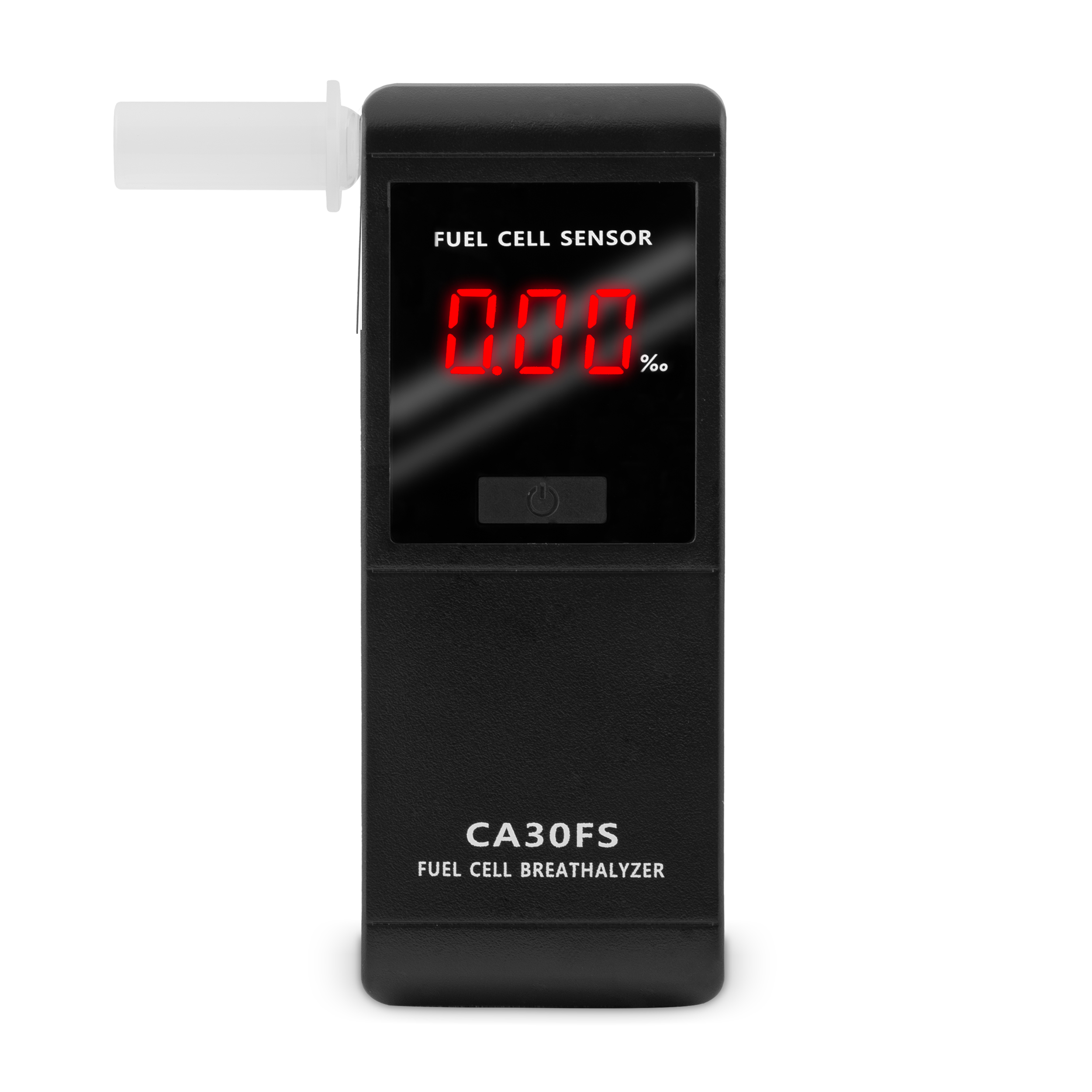 Czarny alkomat pokazuje na ekranie 0,00%. Urządzenie ma ustnik i napis CA30FS.