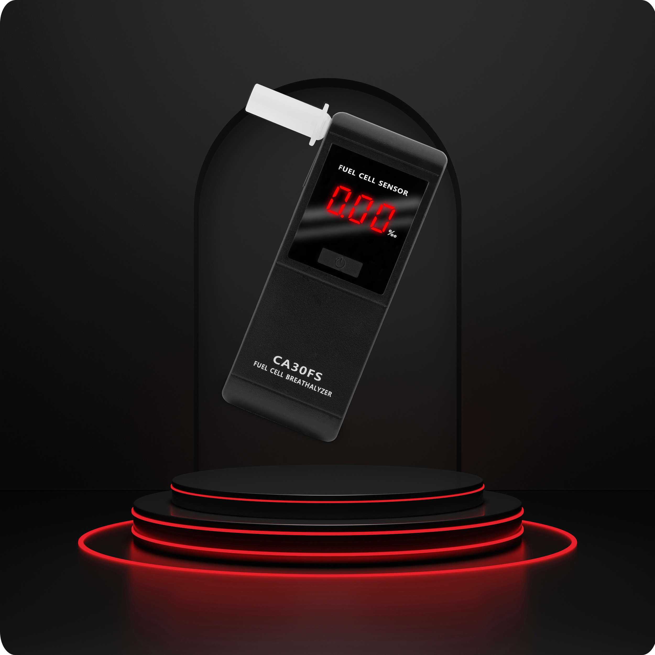 Alkomat na podium. Wyświetla 0,00% na ekranie. Czarno-czerwona kolorystyka.
