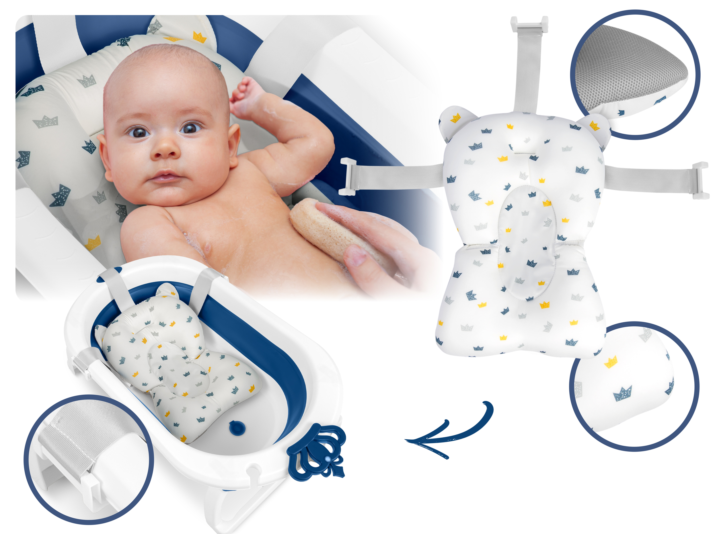 Dziecko jest w wanience dla dziecka. Dwa zbliżenia pokazują siedzisko do kąpieli i dziecko patrzące w kamerę.