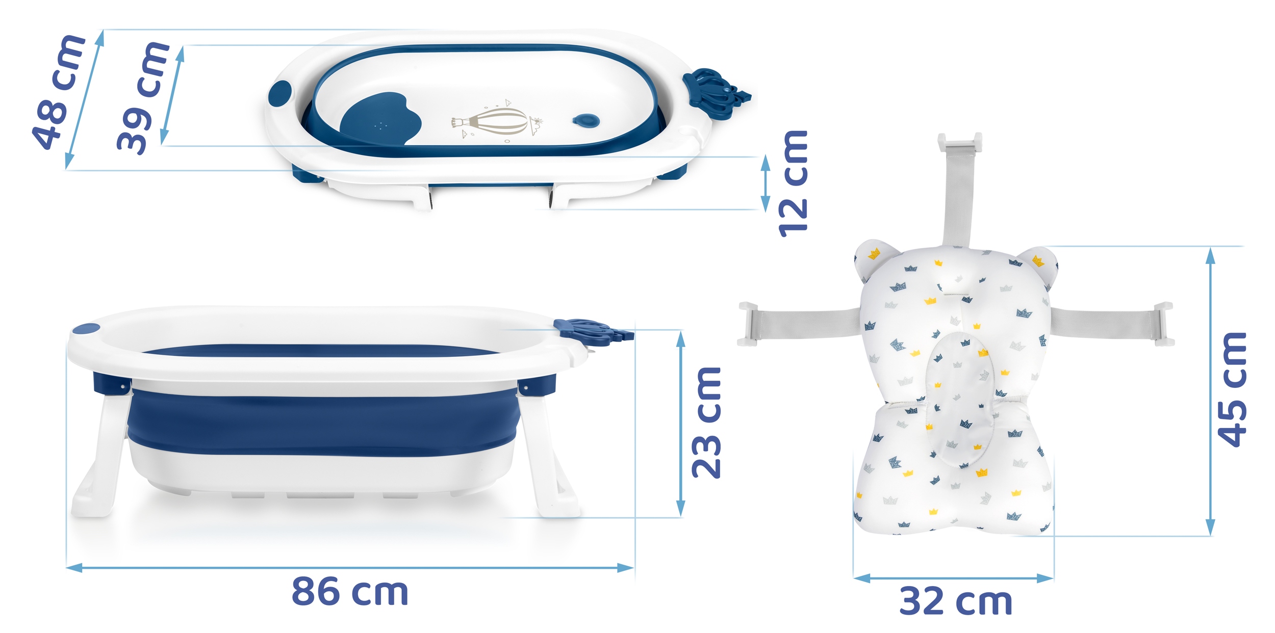 Obraz pokazuje wymiary wanienki dla dziecka i siedziska do kąpieli, wanienka jest niebiesko-biała.