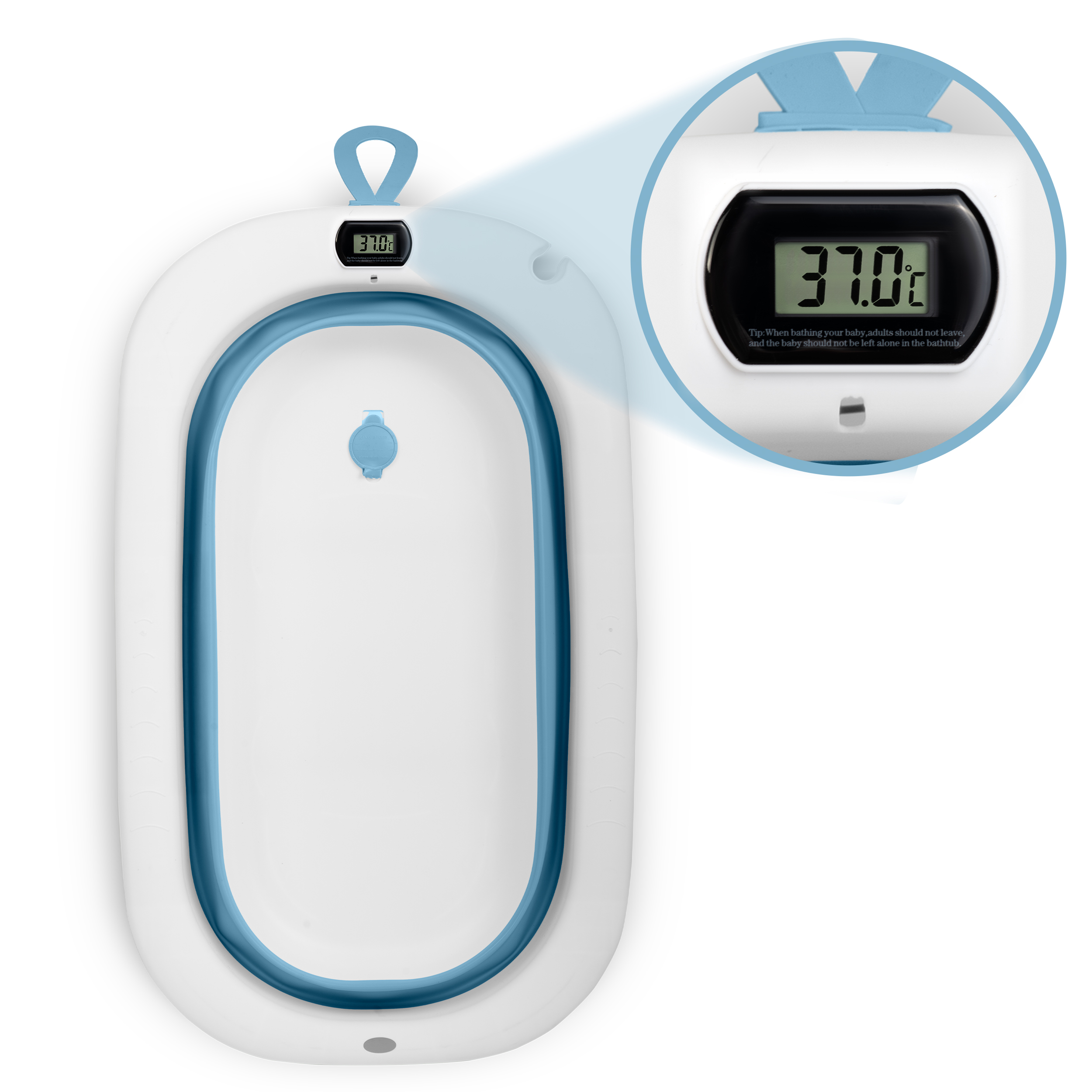 Widok z góry na wanienkę dla dziecka. Temperatura wyświetlana jest cyfrowo jako 37,0 stopni Celsjusza.