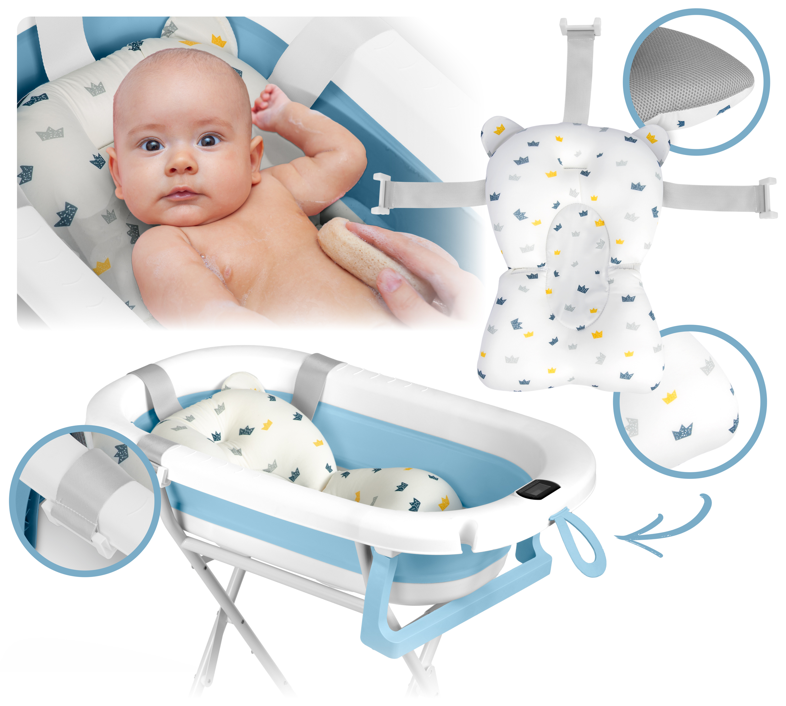 Dziecko jest w niebiesko-białej wanience dla dziecka. Jest siedzisko do kąpieli. Zbliżenia siedziska i dziecka.