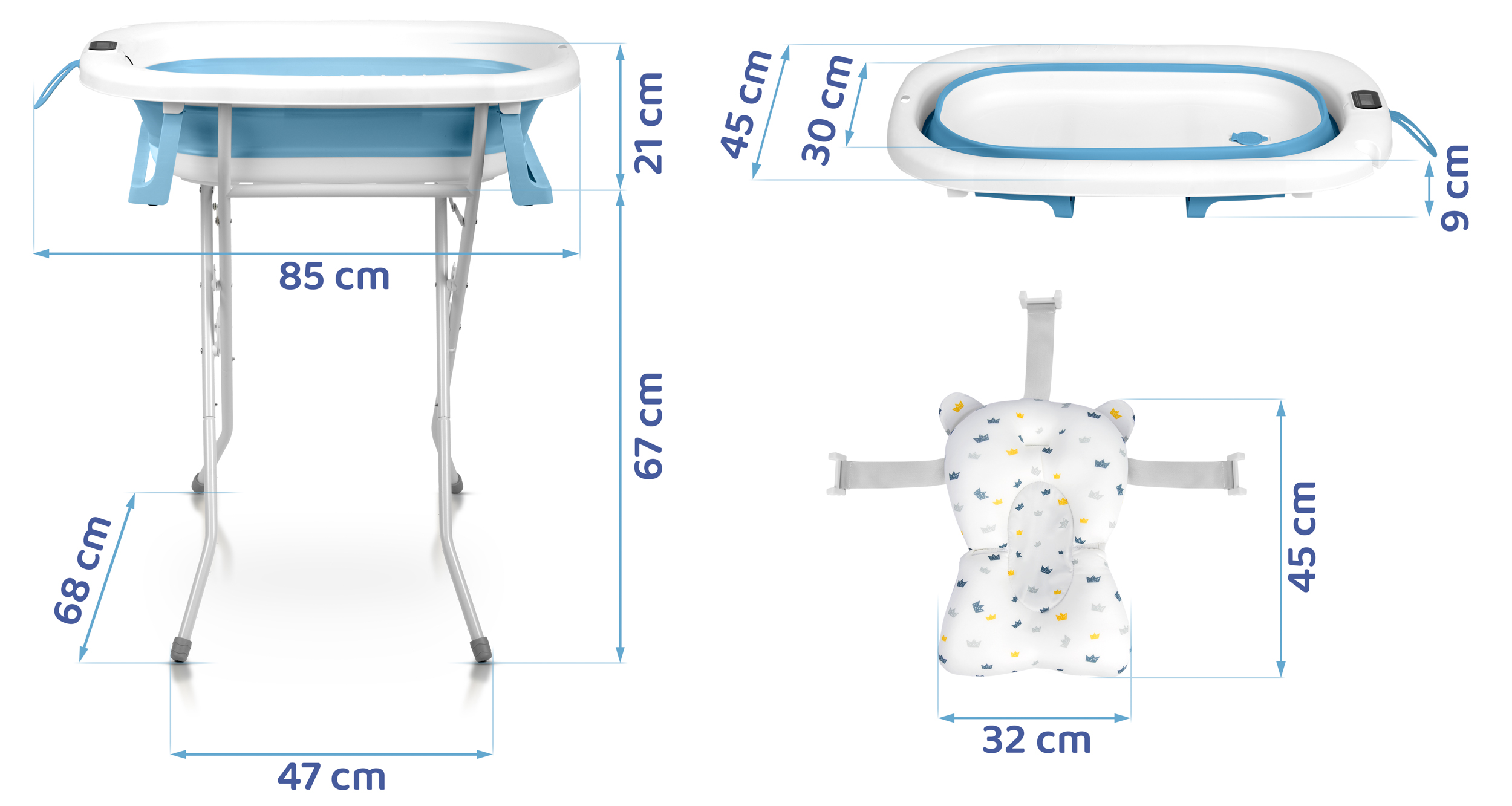 Biało-niebieska wanienka dla dziecka ze wskazaniem wymiarów. Pokazano fotelik dla dziecka z wymiarami. Wanienka jest złożona.