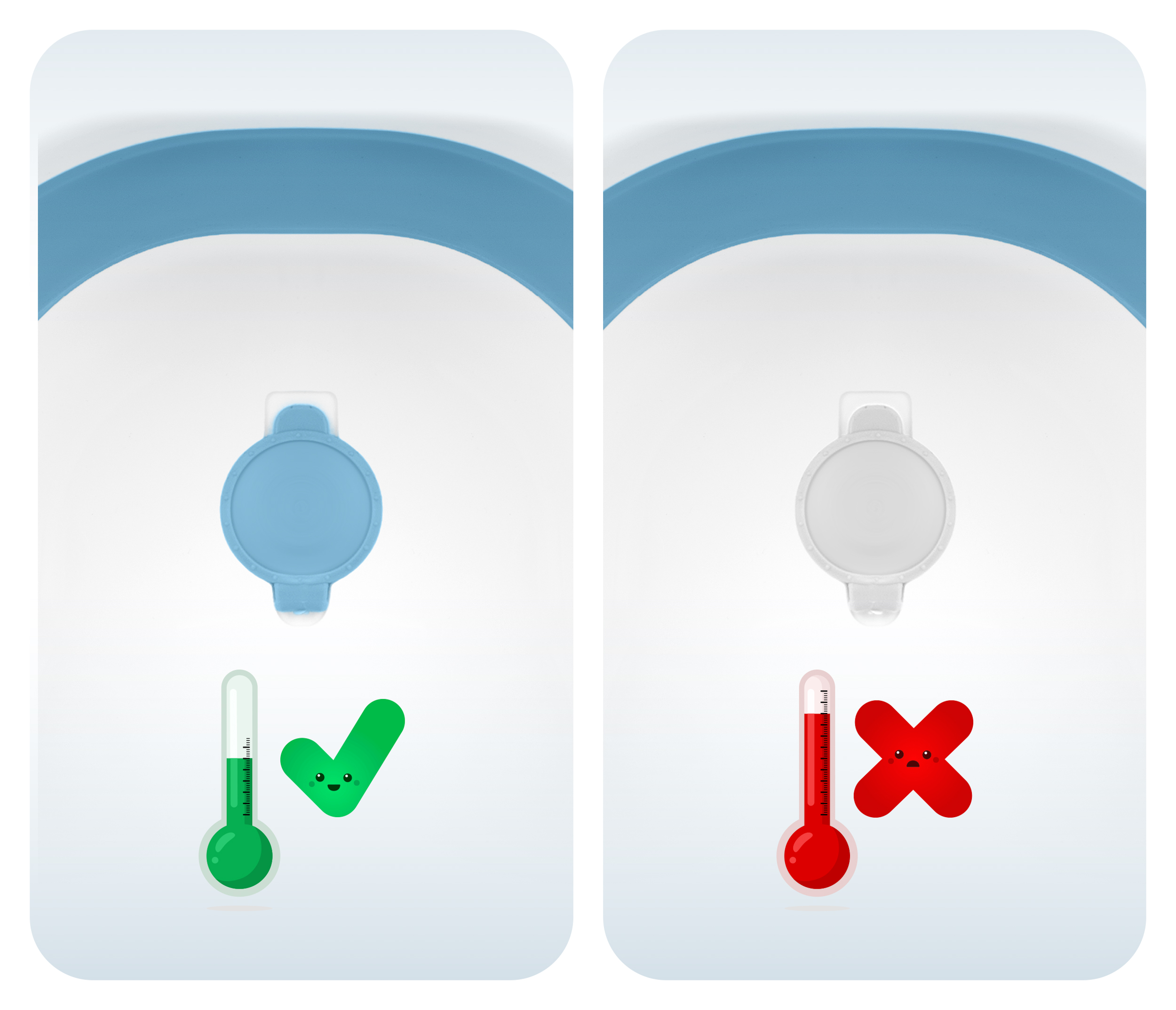 Dwie ilustracje korka spustowego do wanienki dla dziecka. Jeden jest zielony ze znakiem wyboru, drugi czerwony z X.