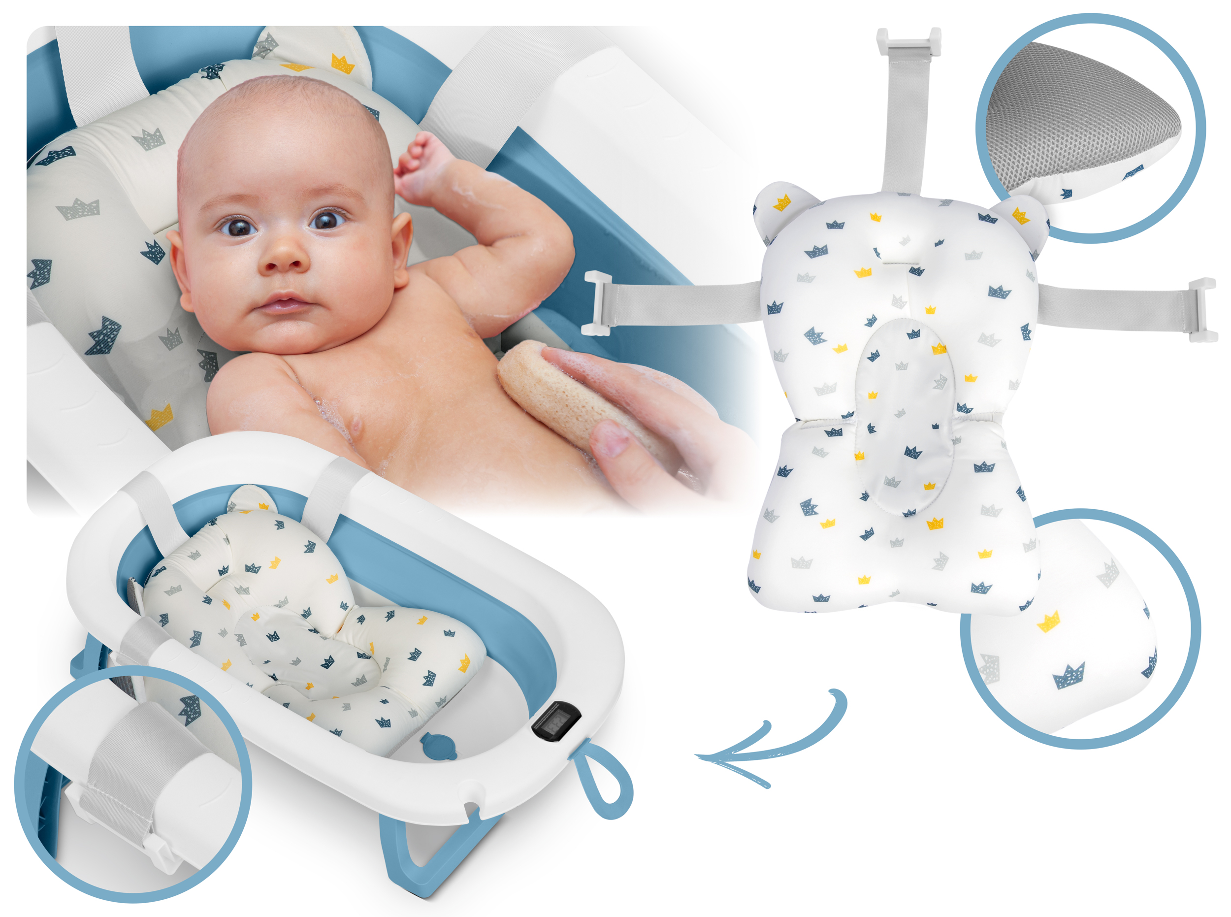 Dziecko w wannie. Ręka myje dziecko. Wanna jest biało-niebieska. Pokazano fotelik dla dziecka.