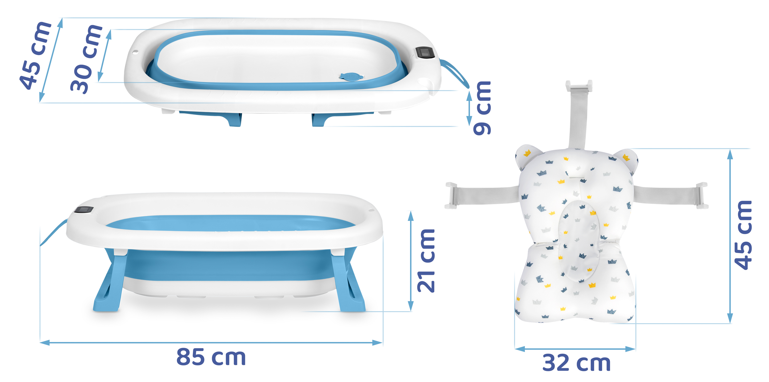 Zdjęcia wanienki dla dziecka i podpórki dla dziecka. Wymiary podano w centymetrach.