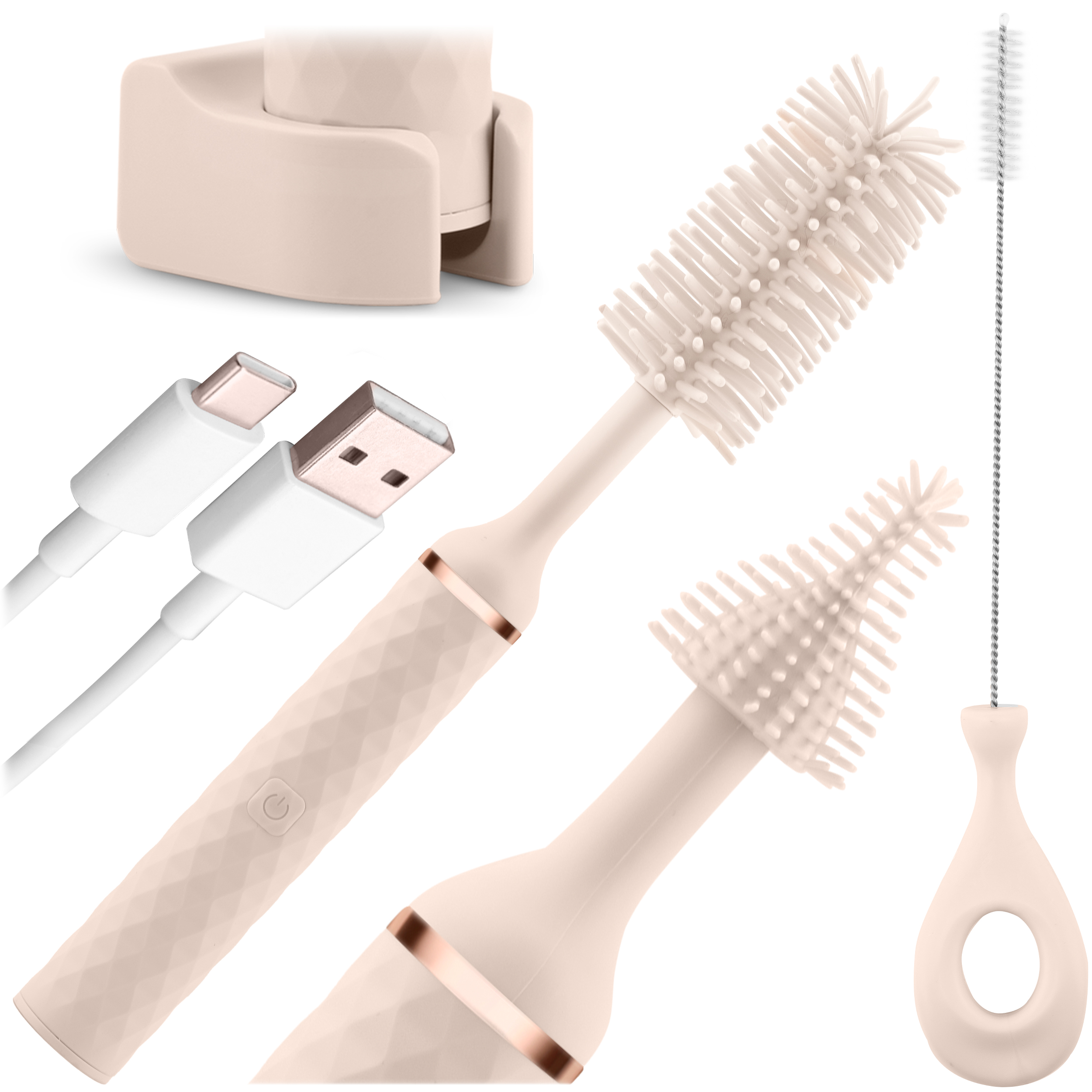 Zestaw szczotek i akcesoriów do czyszczenia butelek dla dzieci. Motyw kolorystyczny beżowy.