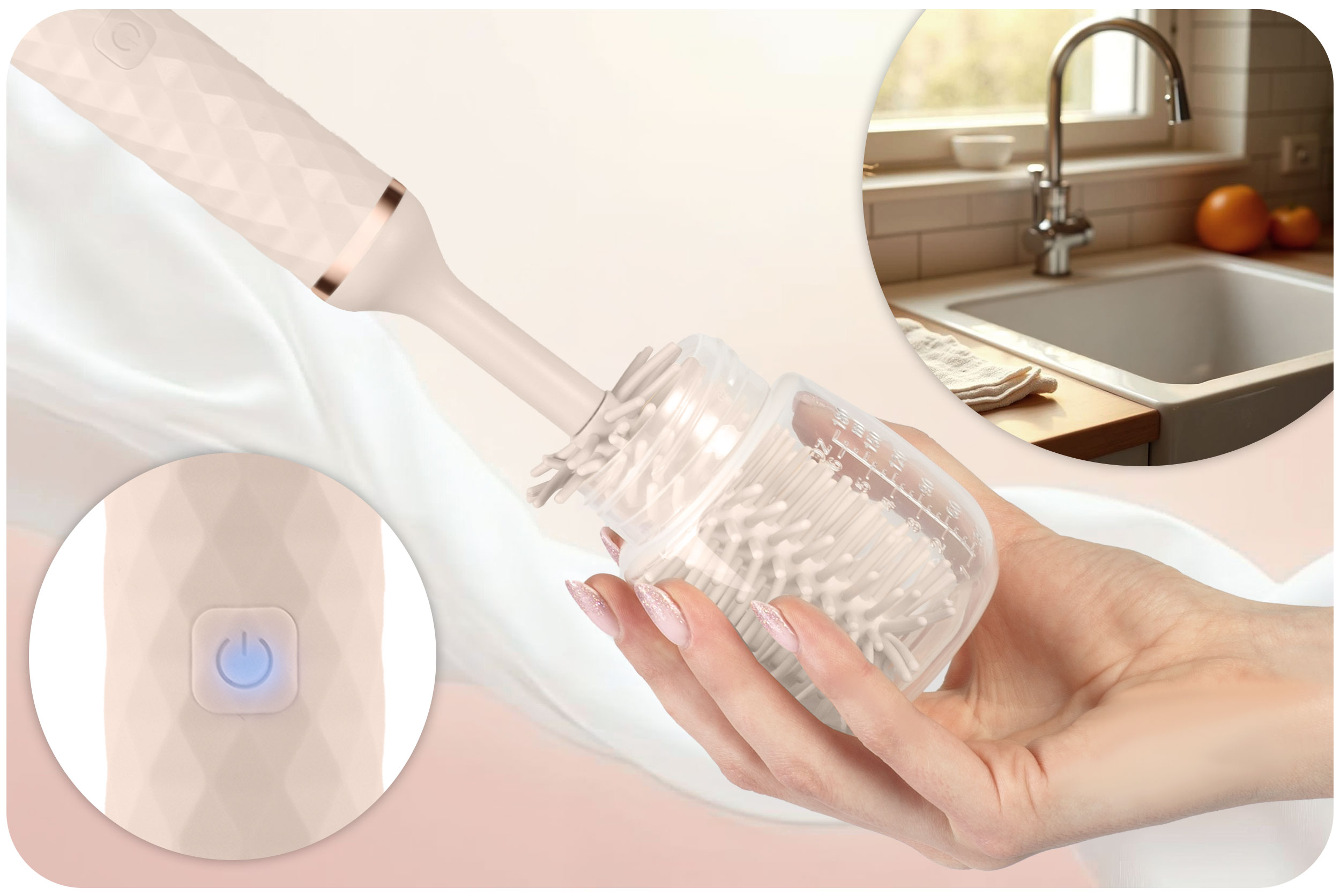 Ręka trzymająca butelkę dla dziecka, czyszcząc ją szczotką. W tle zlew i kran.