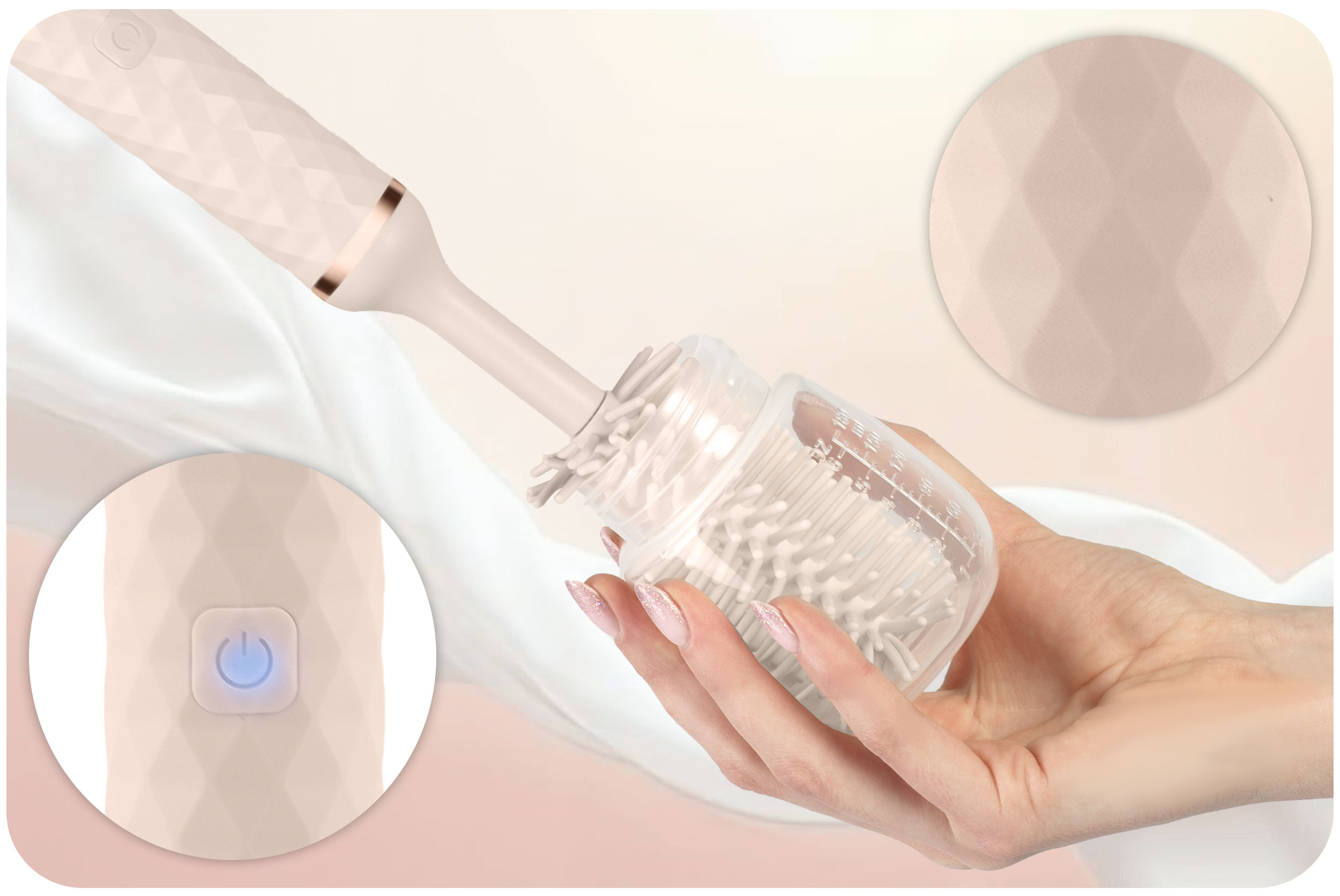 Ręka trzyma szczotkę do butelek, zbliżenie na włosie czyszczące.