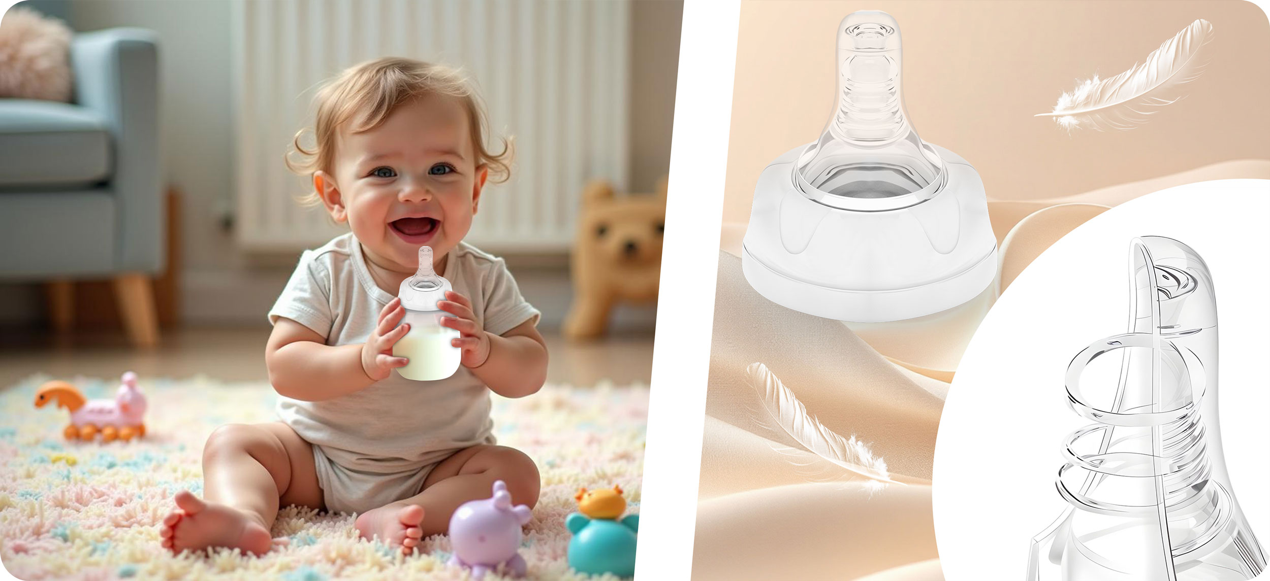 Dziecko trzyma butelkę na tle kolorowego dywanu i miękkiego tła.