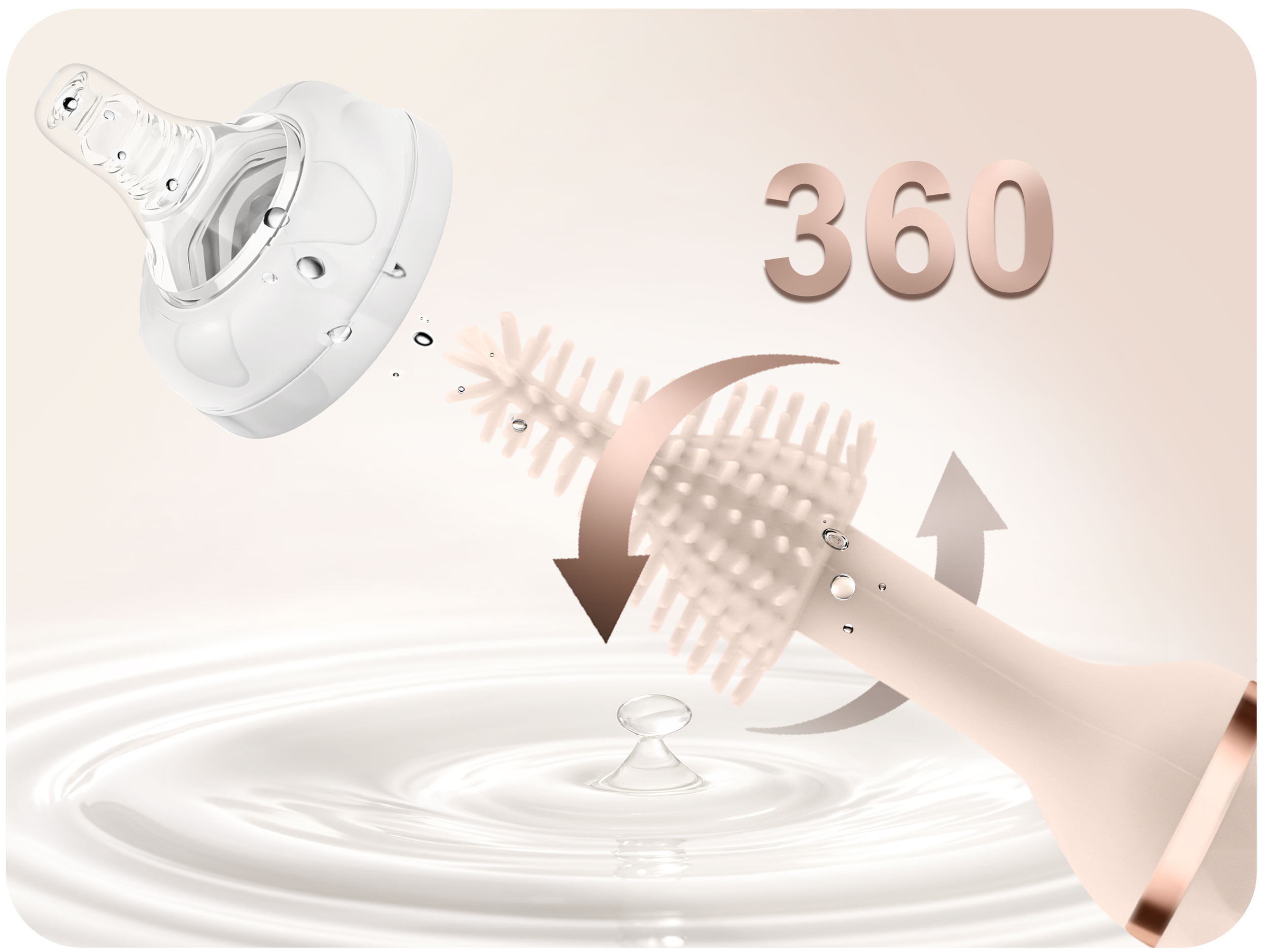 Obraz przedstawia smoczek do butelki czyszczony szczotką na tle efektu falowania wody.