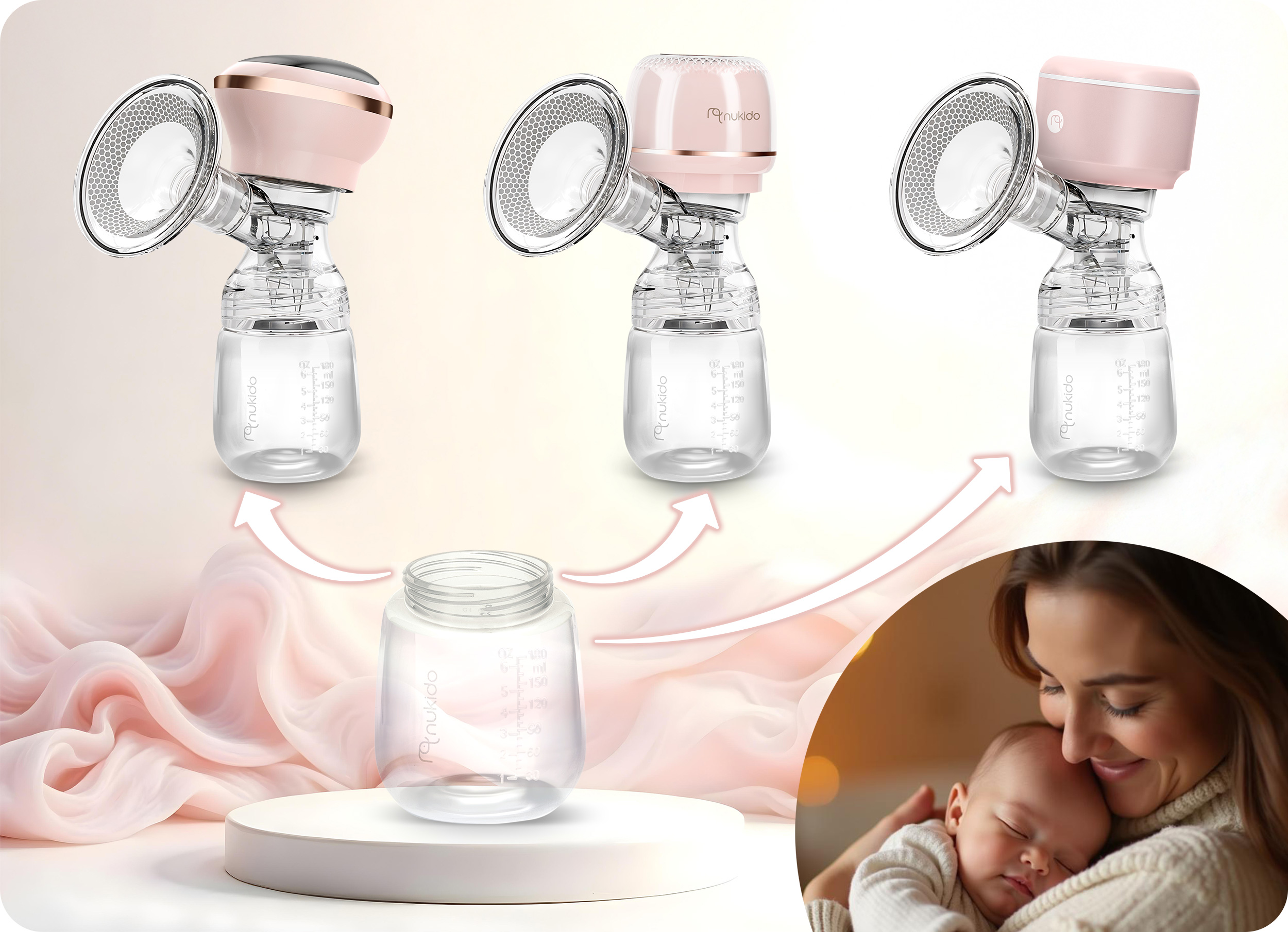 Wystawione są trzy laktatory i butelka dla niemowląt, obok matki z dzieckiem.