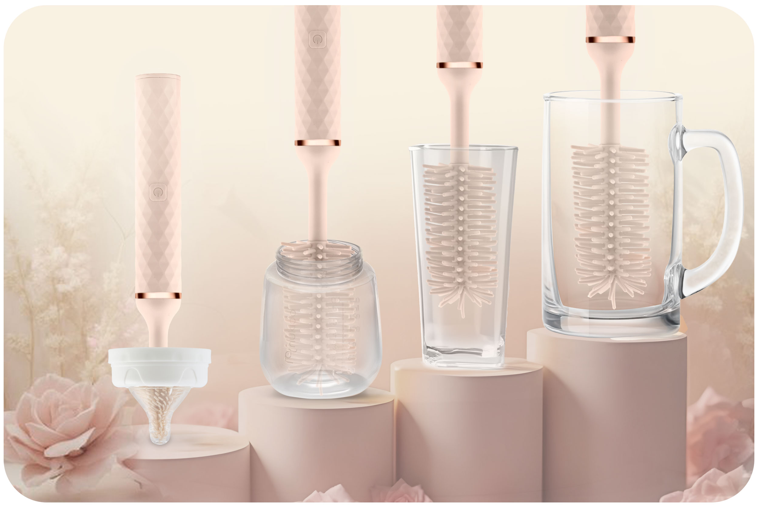 Obraz przedstawia cztery szczotki do czyszczenia, każda w pojemniku o różnych rozmiarach.