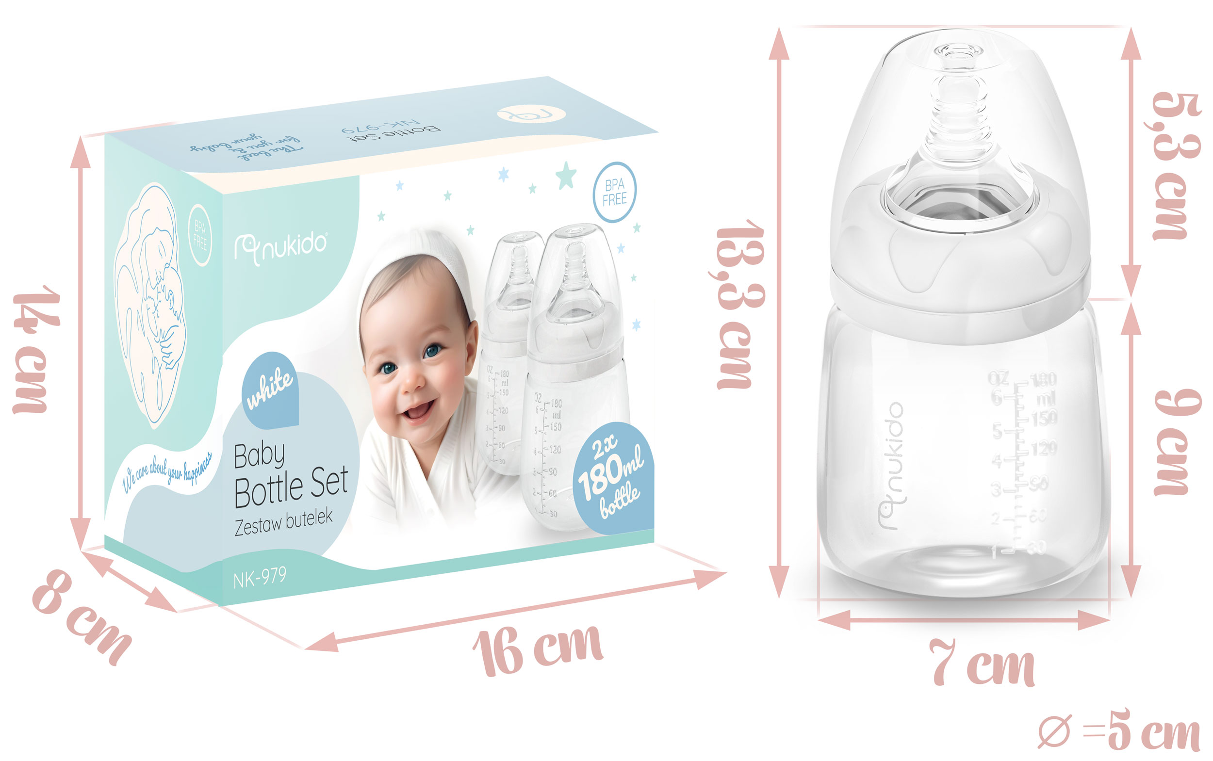 Obraz przedstawia pudełko z zestawem butelek dla niemowląt Nukido oraz butelkę z etykietami wymiarów w centymetrach.