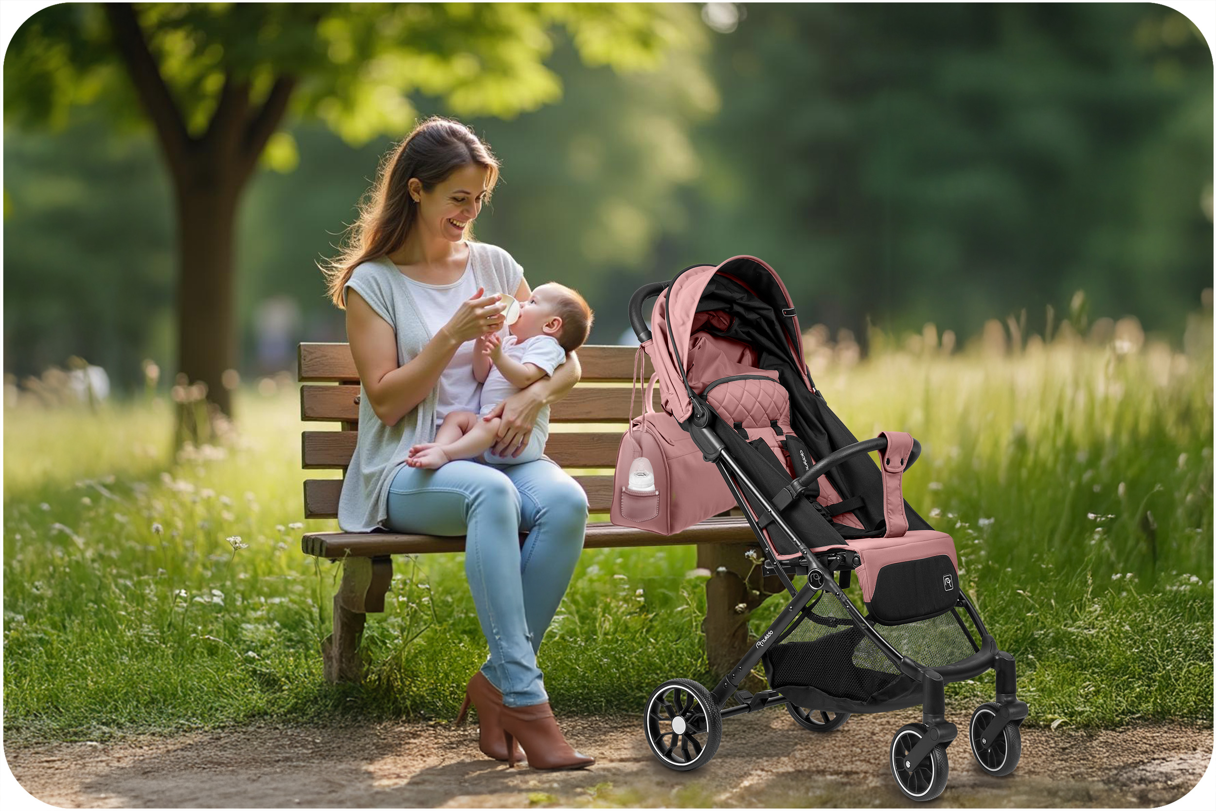 Kobieta karmi dziecko na ławce w parku obok różowego wózka z torbą na pieluchy.