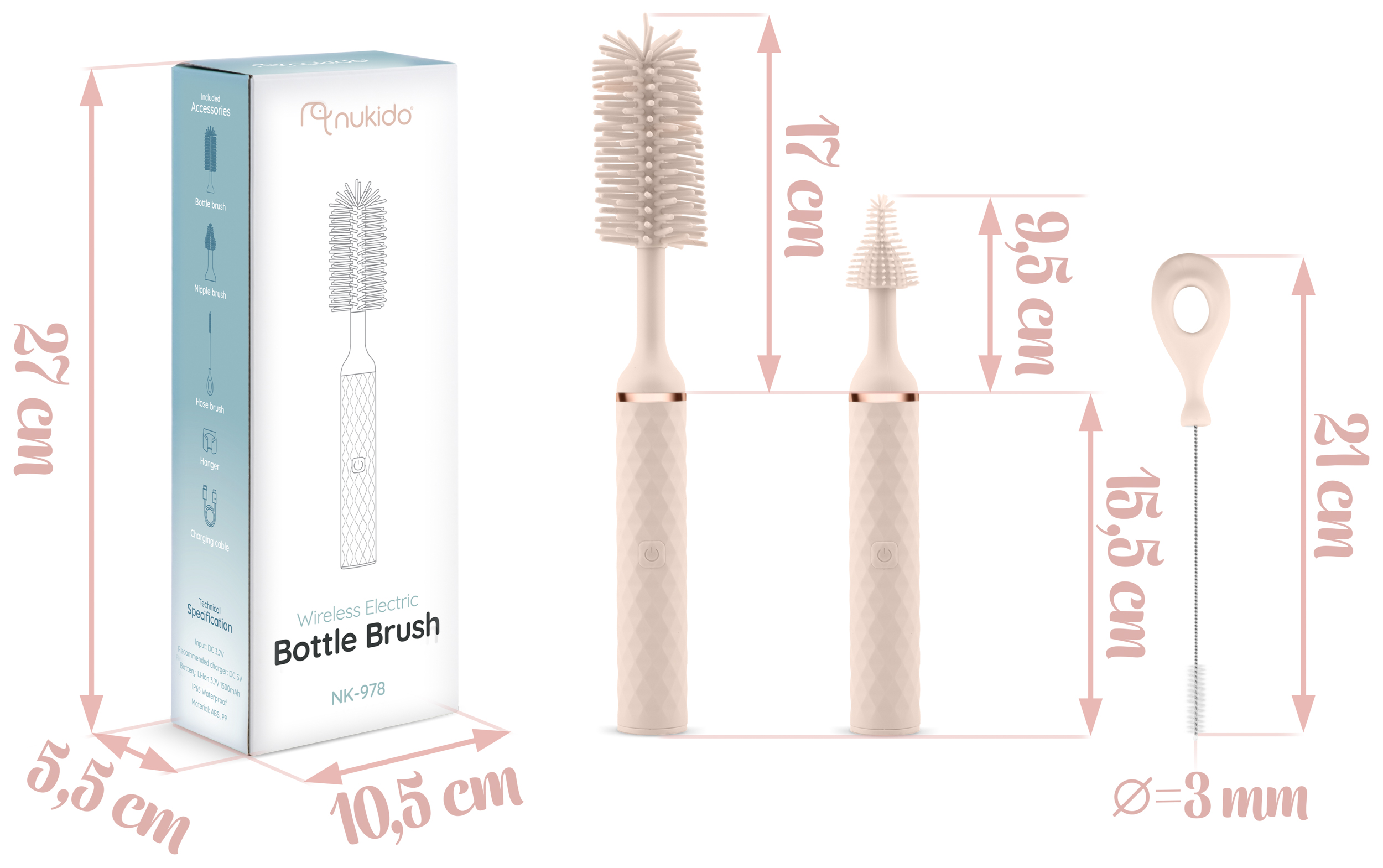 Obraz przedstawia bezprzewodową elektryczną szczotkę do butelek Nukido i jej wymiary na białym tle.