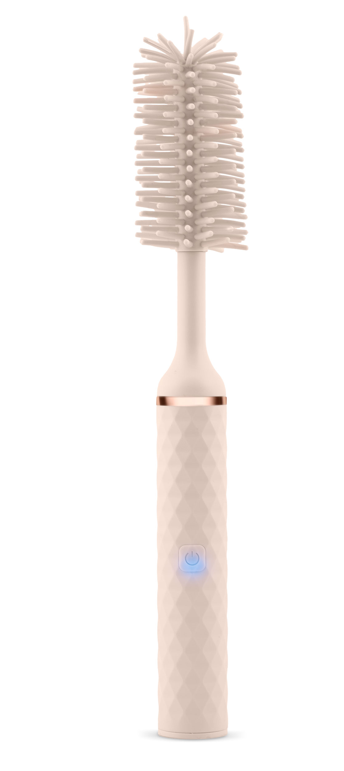 Obraz przedstawia szczotkę do butelek o geometrycznym wzorze i przycisku zasilania.