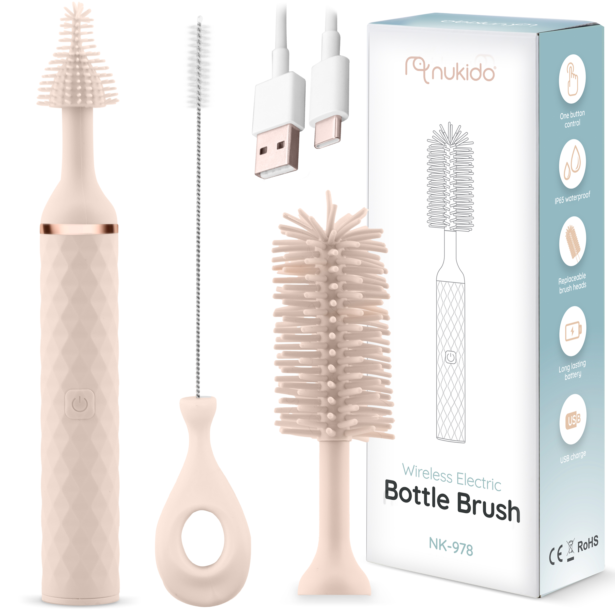 Bezprzewodowa elektryczna szczotka do butelek z główkami szczotek, ładowarką USB i pudełkiem.