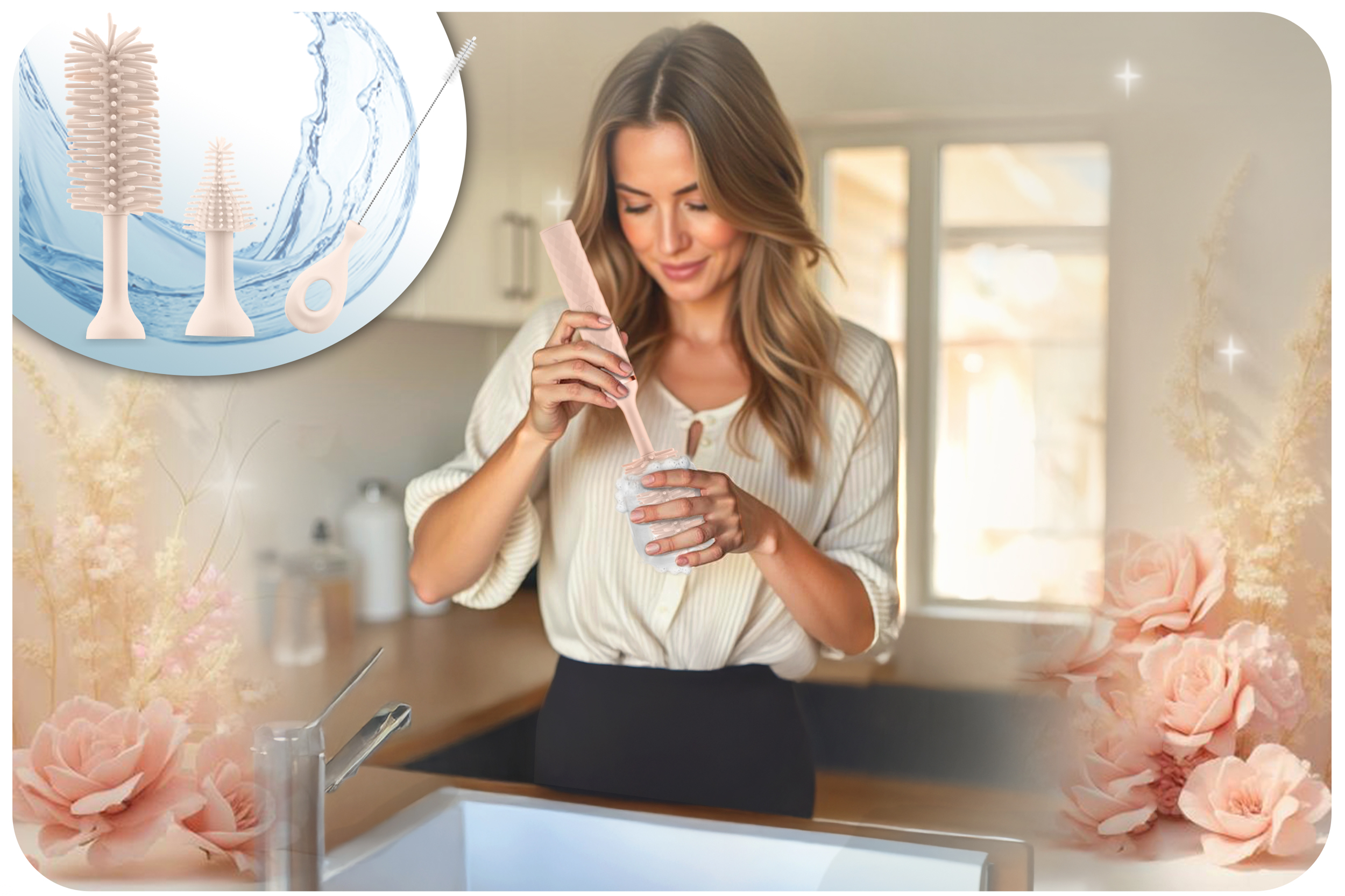 Kobieta używa szczotki do butelek do czyszczenia butelki w kuchni.