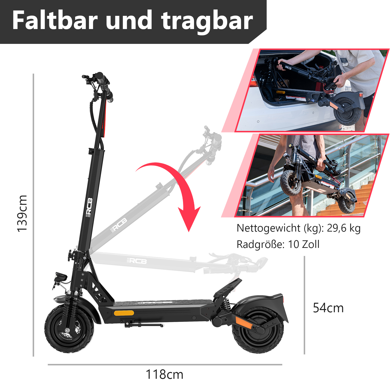 Obraz przedstawia wymiary czarnej hulajnogi elektrycznej RCB w centymetrach.