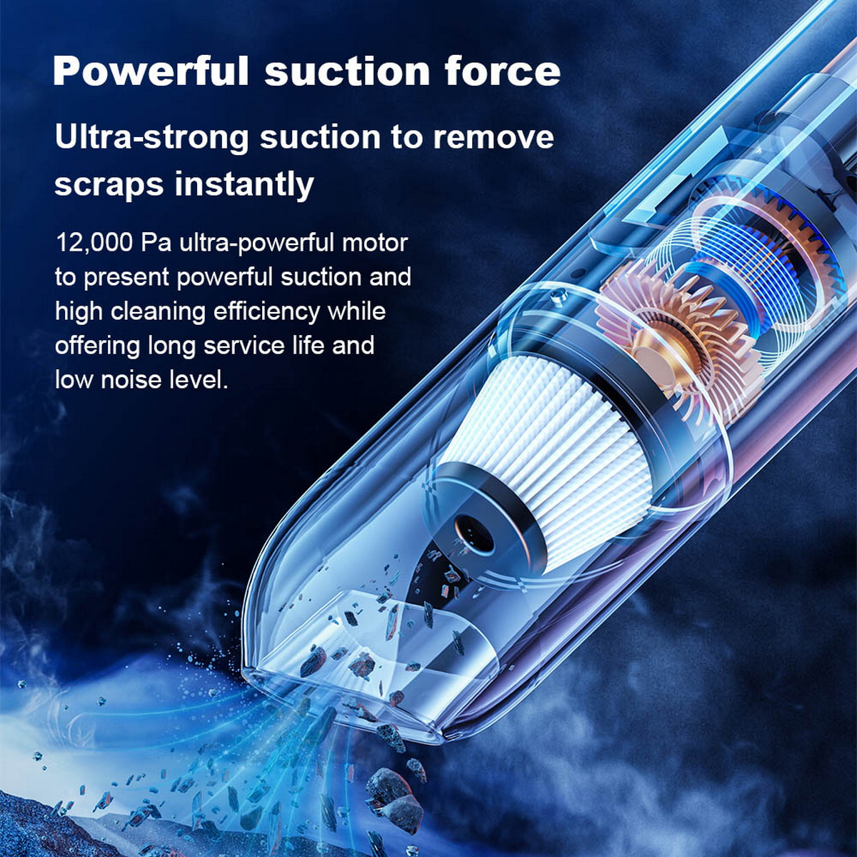 Obraz ilustrujący odkurzacz z widokiem przekrojowym. Pokazuje wewnętrzne elementy i cząsteczki kurzu.