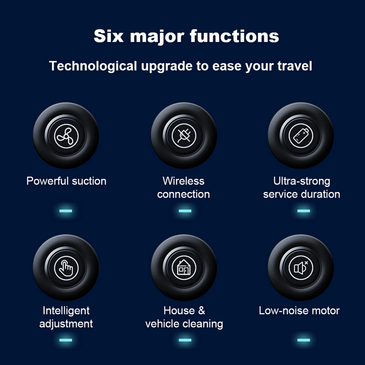 Sześć ikon reprezentujących funkcje, takie jak potężne ssanie, połączenie bezprzewodowe i inteligentna regulacja.