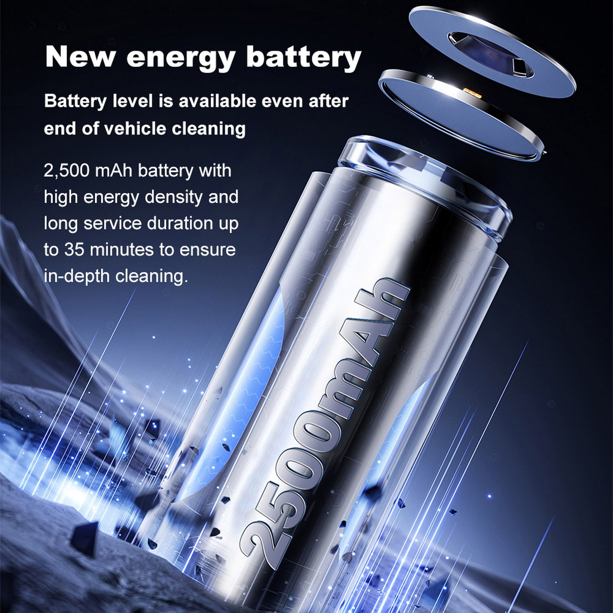 Obrazek przedstawiający baterię z napisem "2500mAh" oraz dodatkowym tekstem opisującym jej cechy.