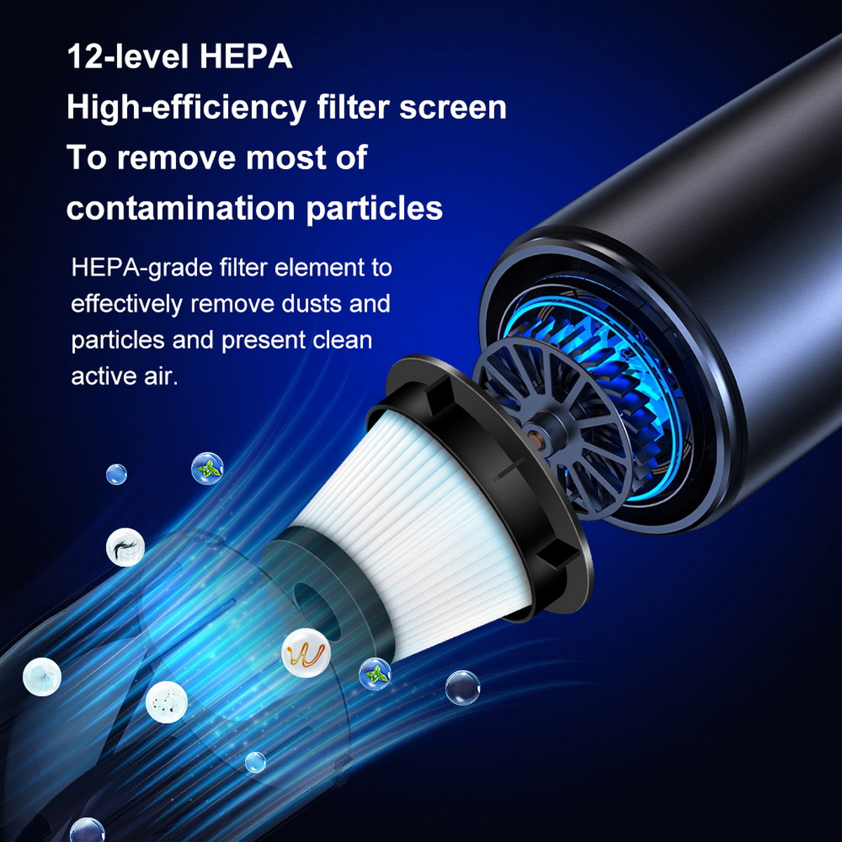 Widok przekrojowy filtra odkurzacza z tekstem opisującym jego możliwości filtracyjne.