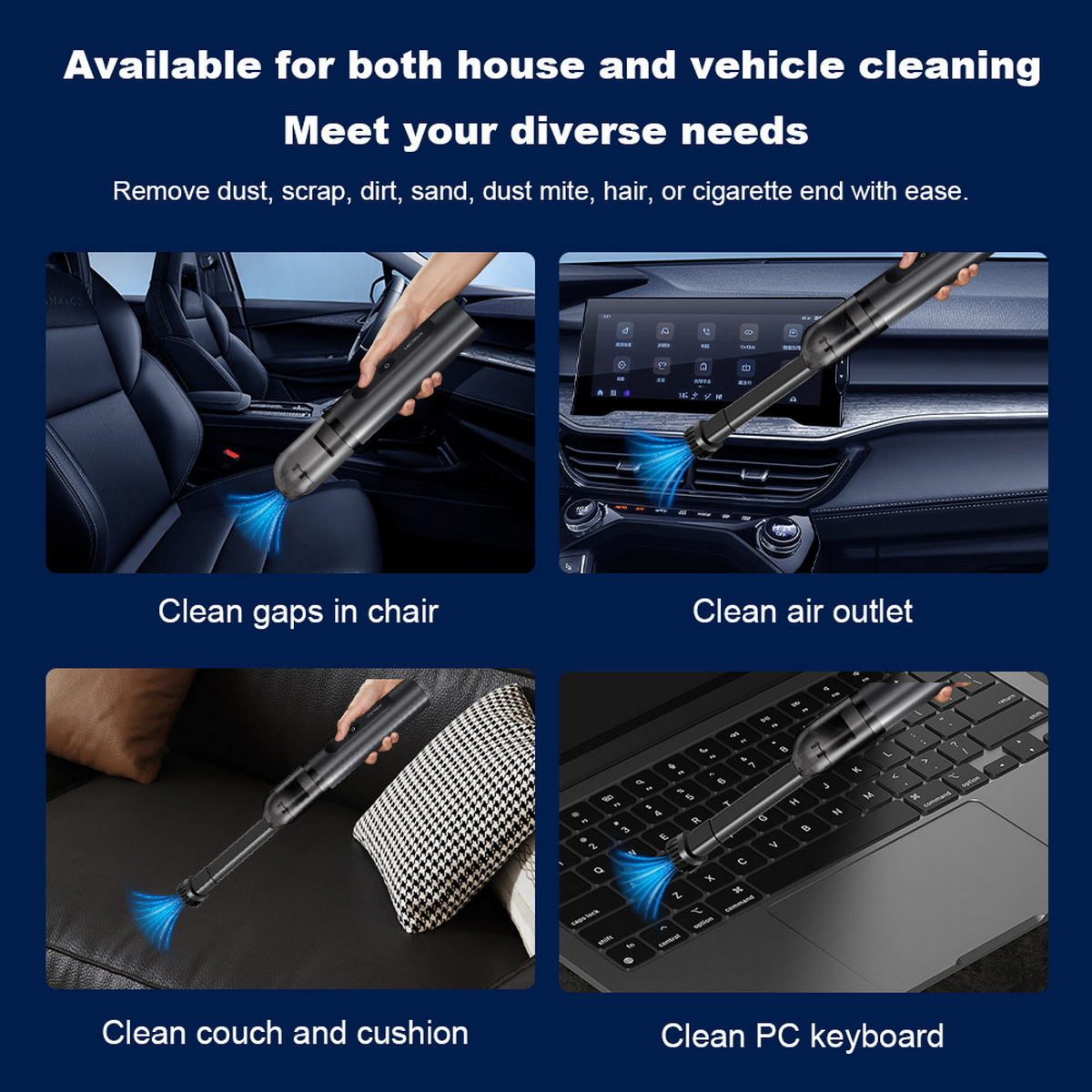 Obrazy pokazujące odkurzacz ręczny czyszczący fotel samochodowy, deskę rozdzielczą, sofę i klawiaturę.