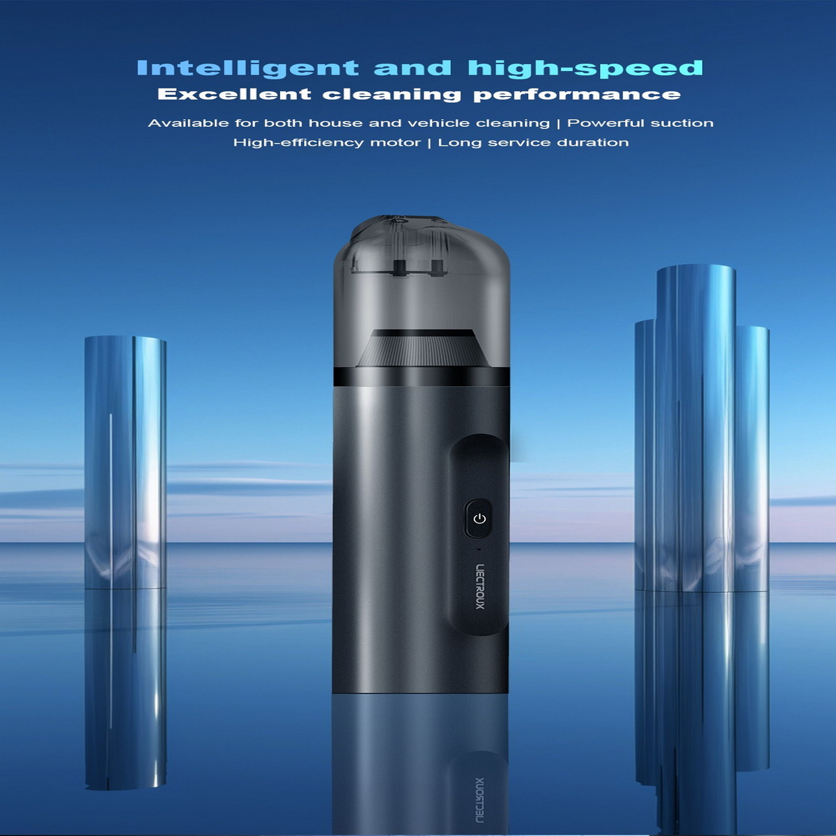 Szary odkurzacz z trzema niebieskimi rurkami na niebieskim tle. Tekst: 'Inteligentny i szybki'.