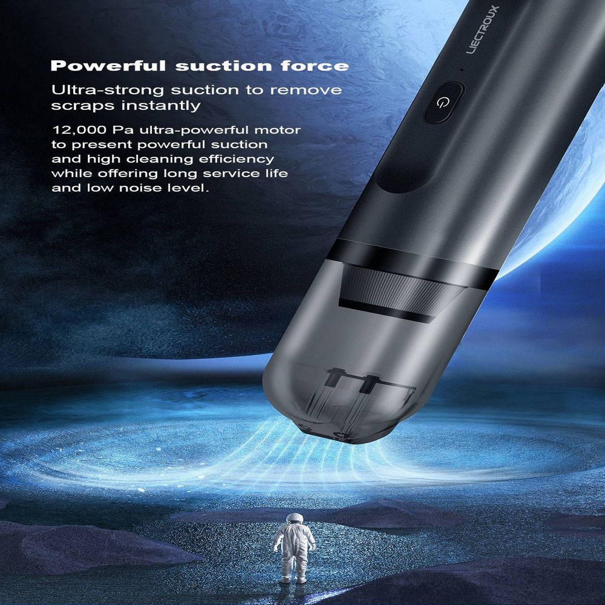 Odkurzacz pokazano na futurystycznym tle. Astronauta jest na pierwszym planie. Tekst: 'Potężne ssanie'.