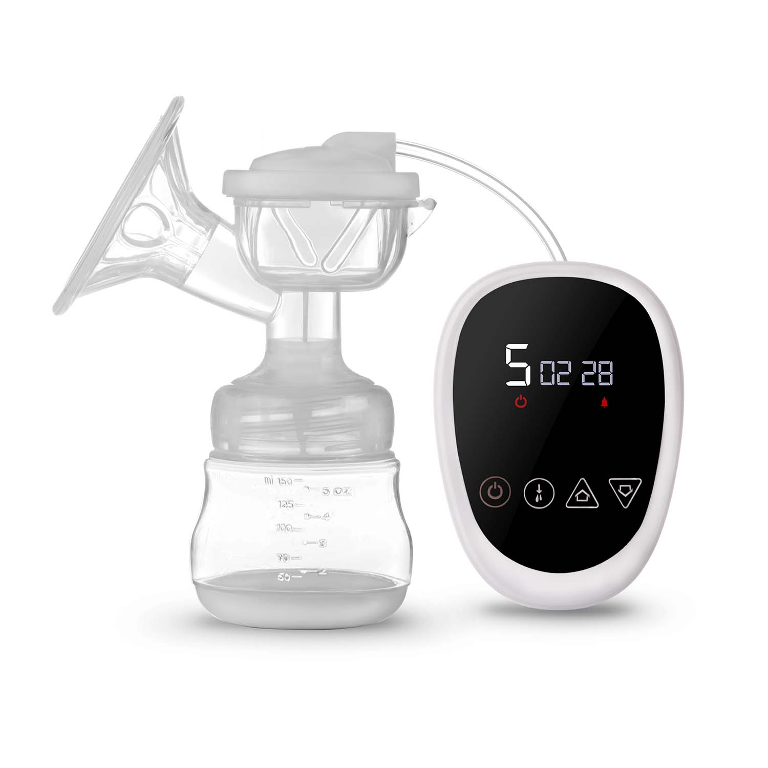 Laktator z cyfrowym wyświetlaczem, pokazujący czas, z butelką z miarką.