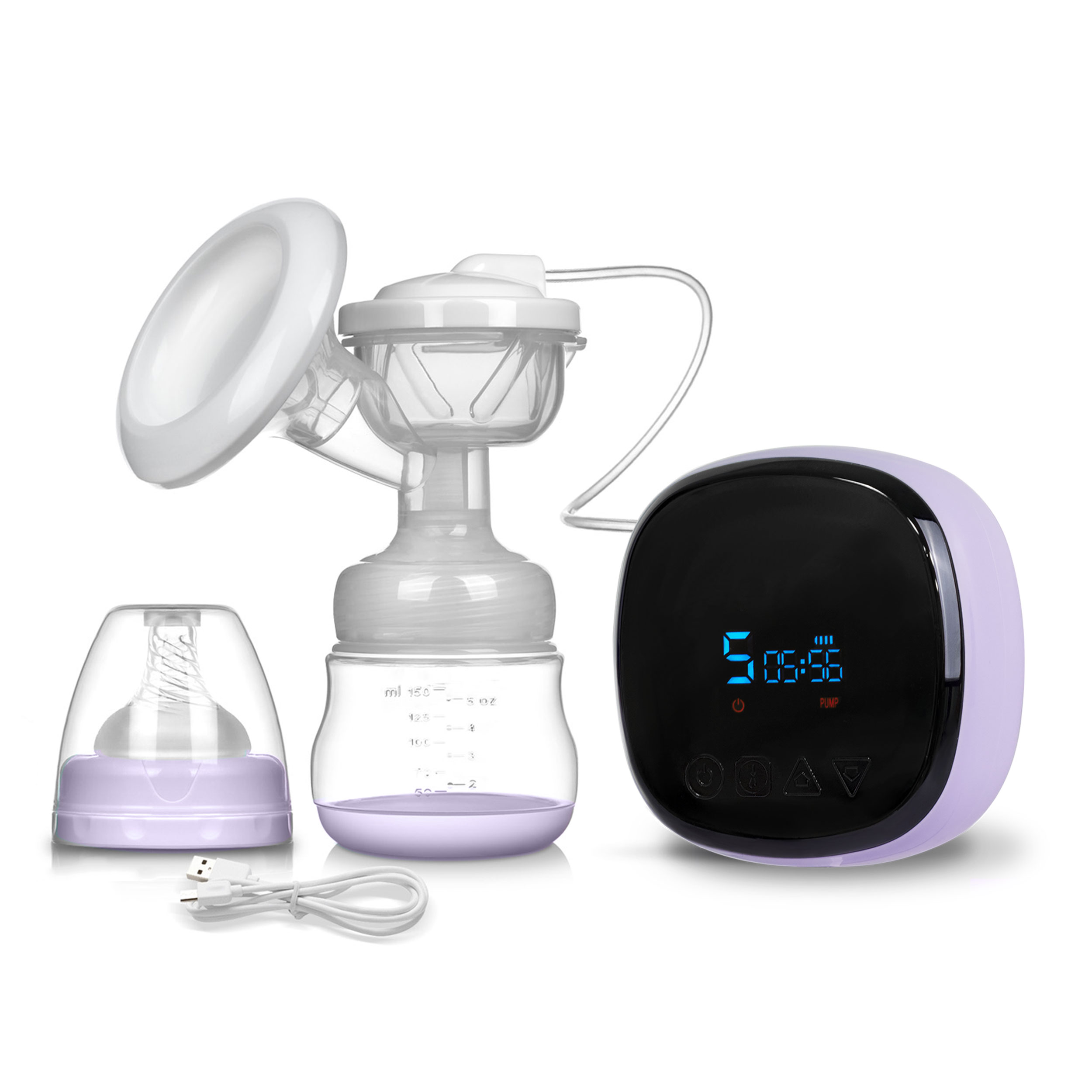 Laktator z butelką, smoczkiem i wyświetlaczem cyfrowym. Laktator i butelka są fioletowe i białe.