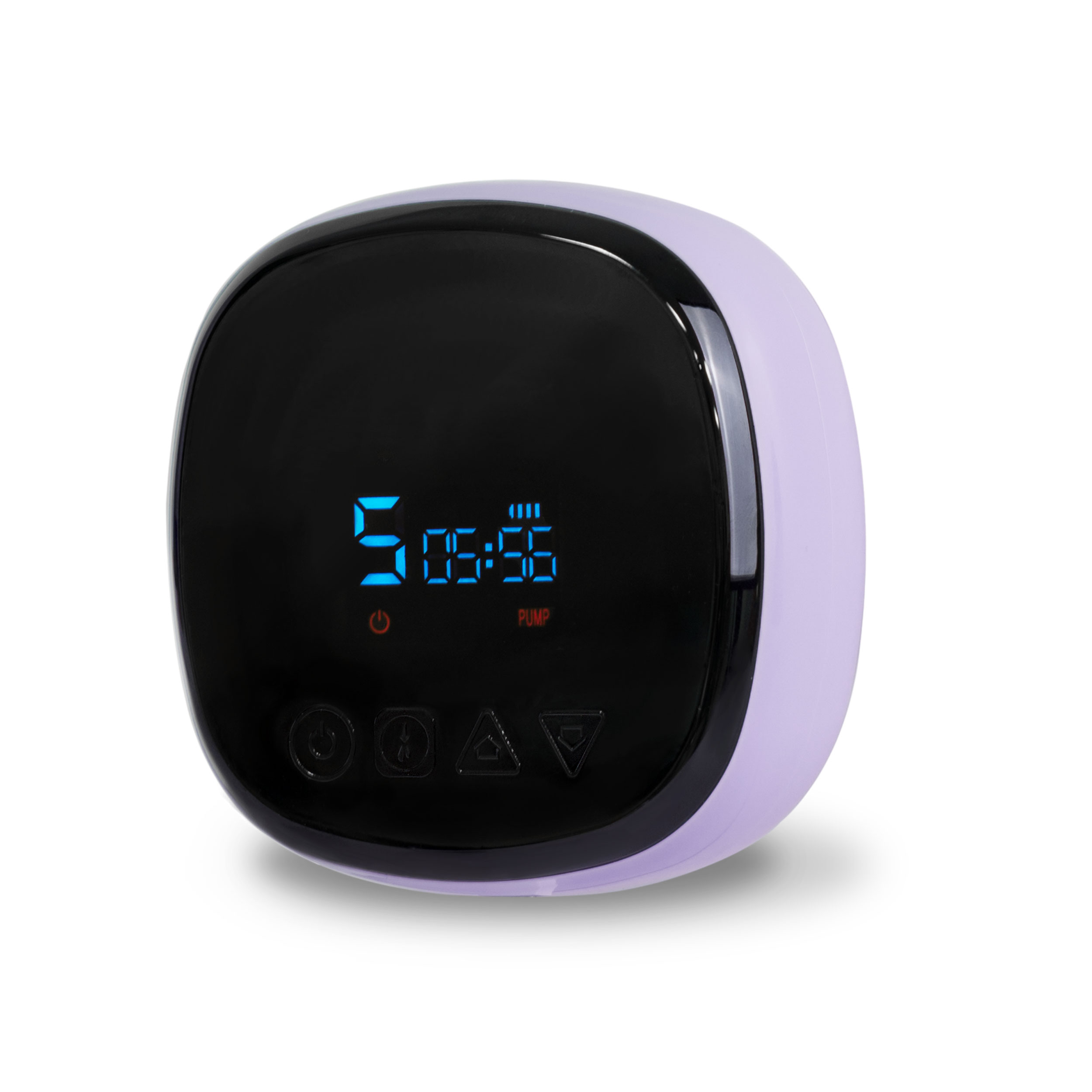 Zbliżenie fioletowo-białego wyświetlacza cyfrowego pokazującego czas i ustawienia laktatora.